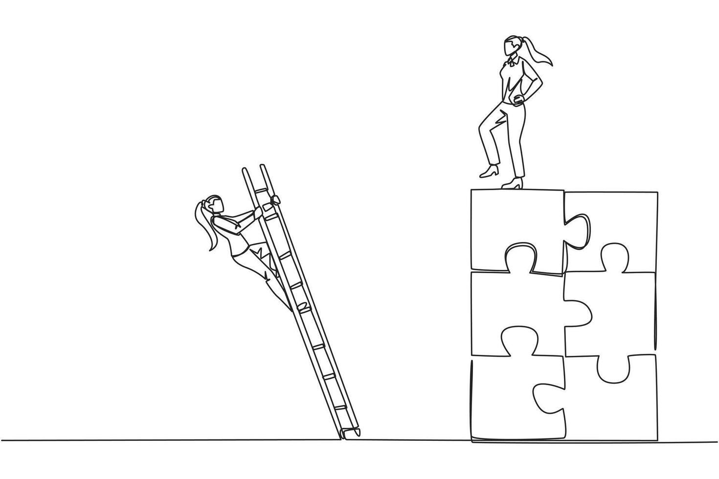Single continuous line drawing businesswoman kicks opponent who climbing the puzzle with a ladder. Betrayed by colleague when successfully resolving a problem. One line design illustration vector