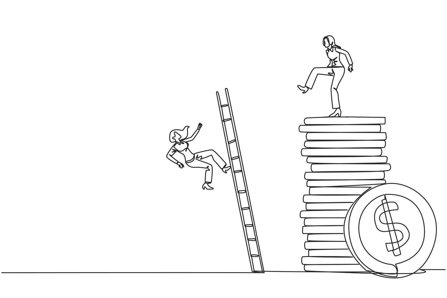 Continuous one line drawing businesswoman kicks opponent who climbs pile of coins with ladder. Greed for wealth. Forgetting comrades in arms. The traitor. Single line draw design illustration vector