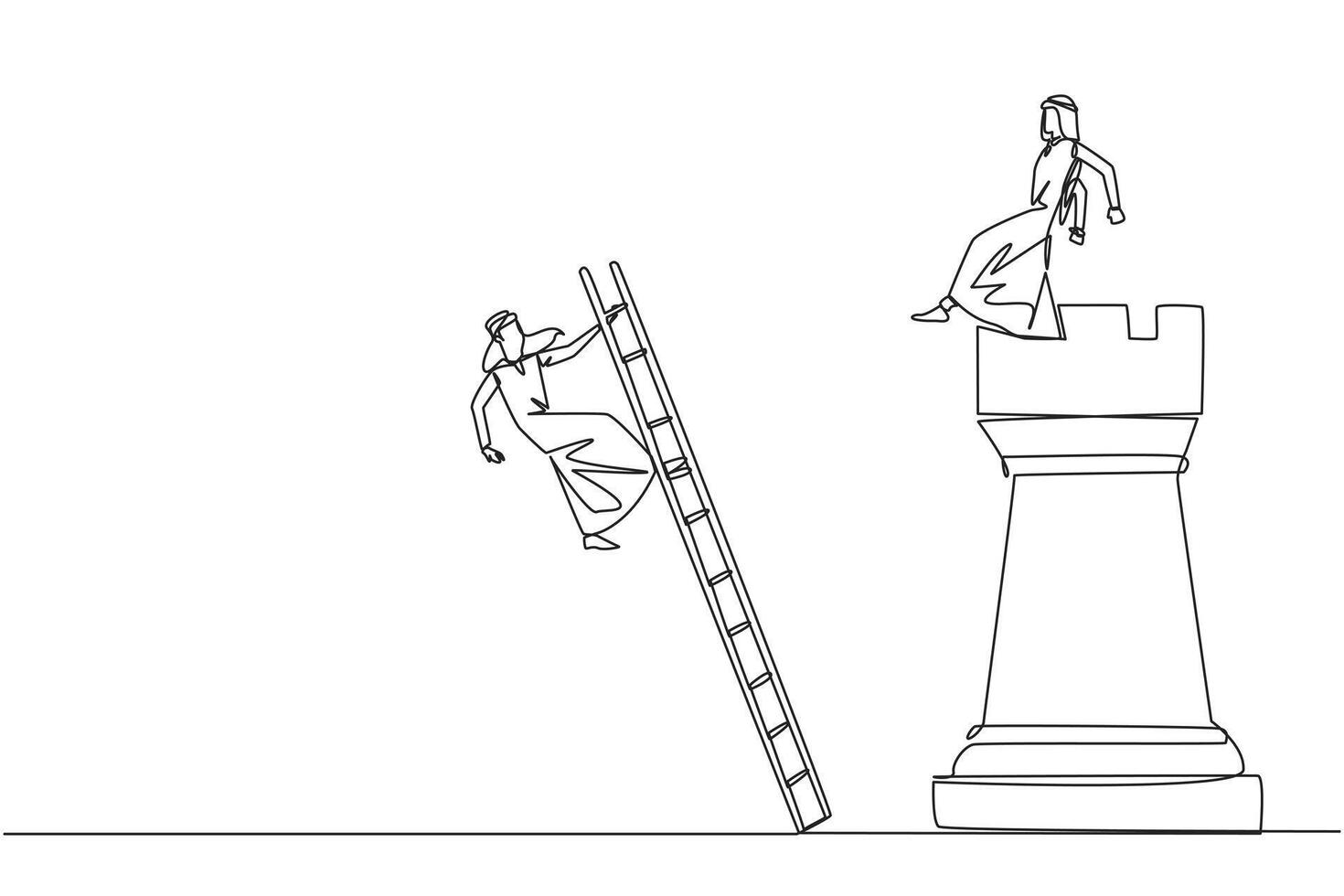 Single one line drawing Arab businessman kicks rival who climbs the chess rook with ladder. Wrong move. Wrong strategy. Plan leaked by colleague. Traitor. Continuous line design graphic illustration vector