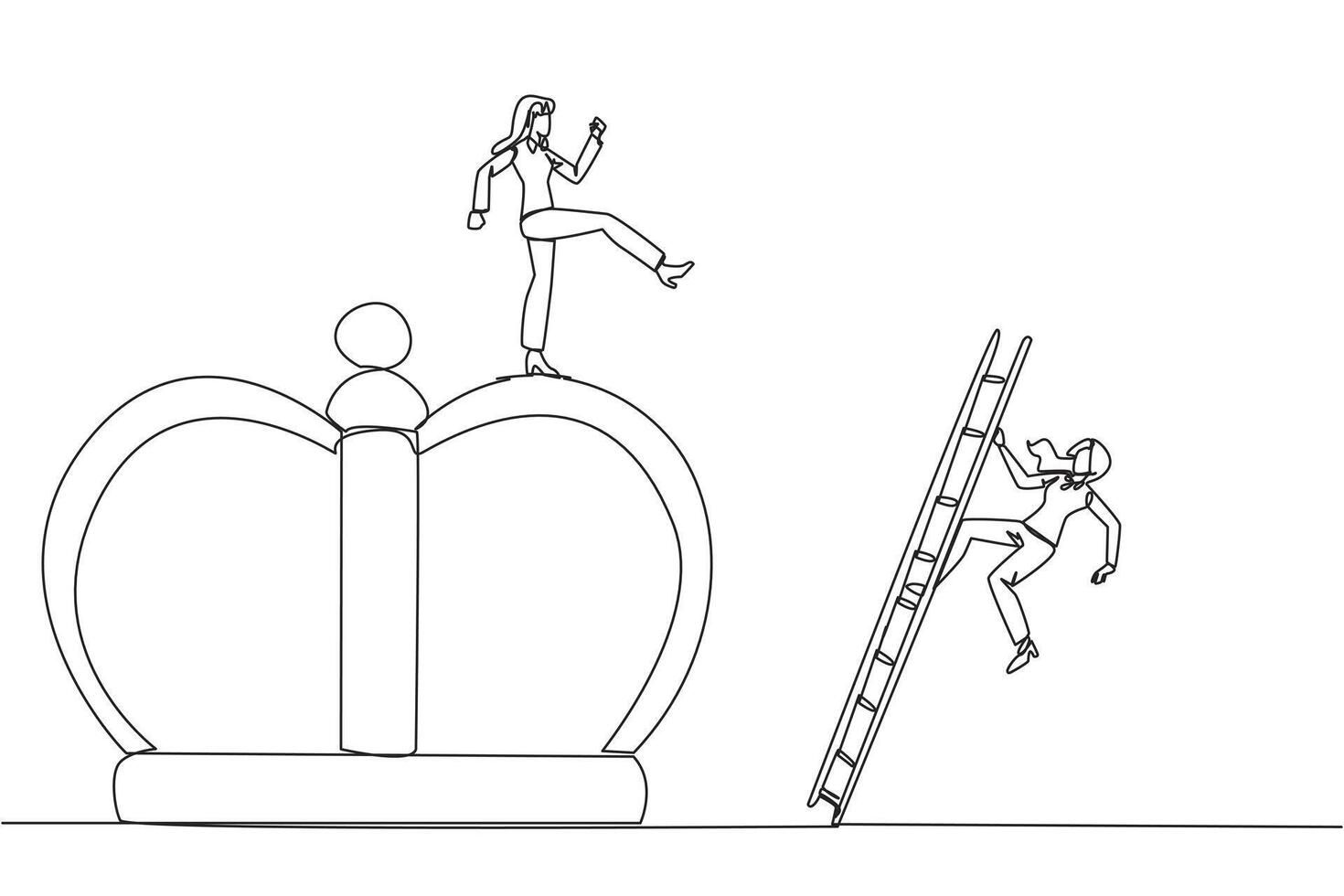 Single one line drawing businesswoman kicks opponent who is climbing the crown with a ladder. Making rivals fall from business glory. Unhealthy competition. Continuous line design graphic illustration vector