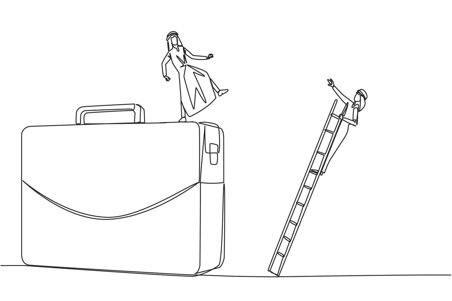 Single one line drawing Arab businessman kicks opponent who climbs the briefcase with a ladder. Keep away from intruders who disturb business trips. Rival. Continuous line design graphic illustration vector