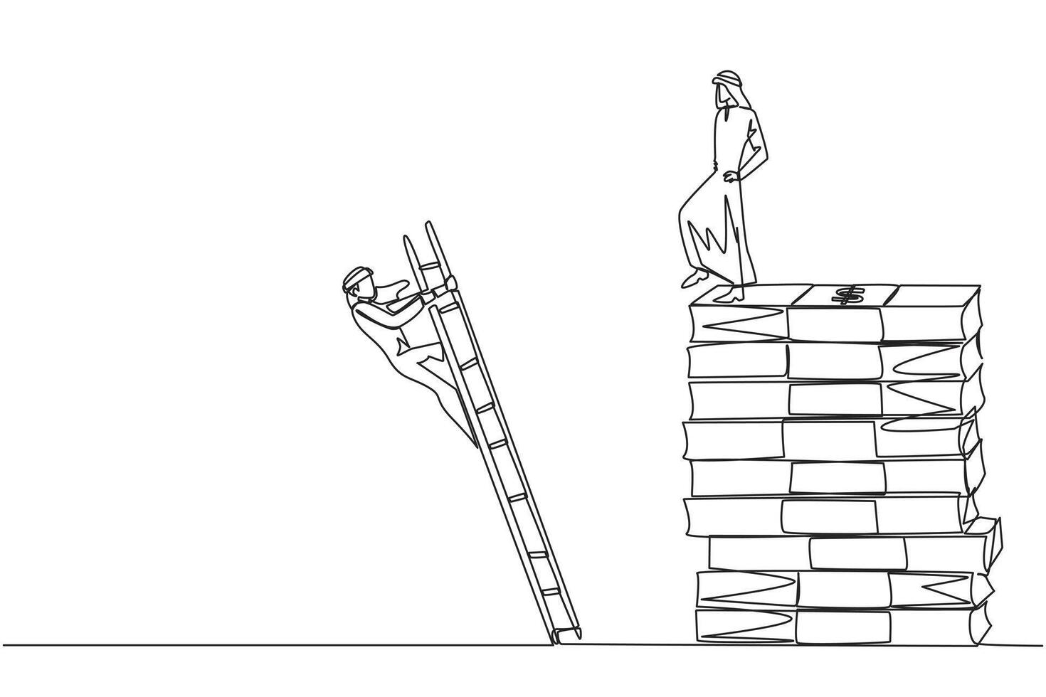Single one line drawing Arab businessman kicks opponent who is climbs pile of banknotes with ladder. Struggle together but want to achieve big profit alone. Continuous line design graphic illustration vector