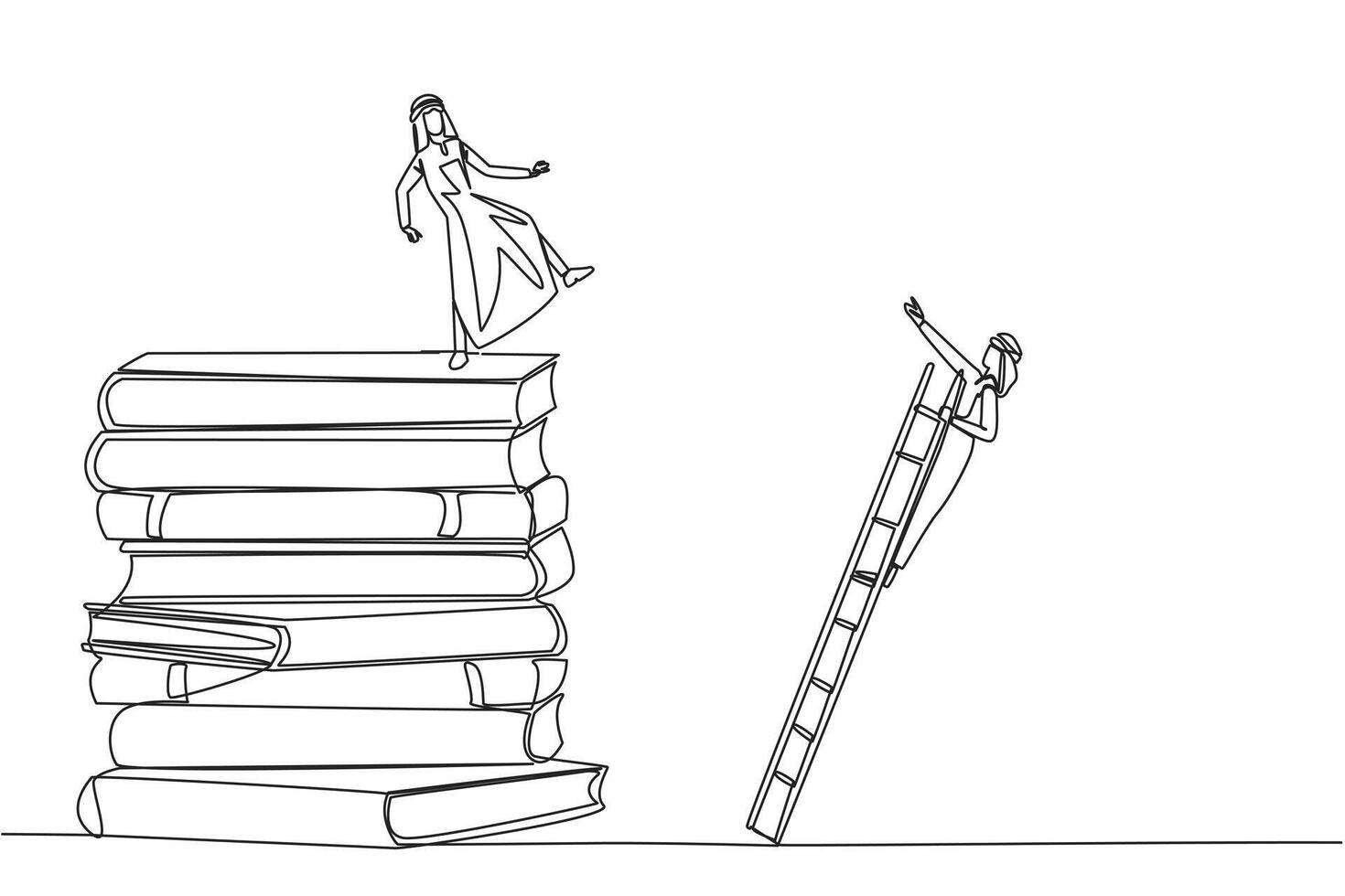 Single continuous line drawing Arab businessman kicks opponent who climbs a pile of books with a ladder. Failed to gain access to profitable business principles. One line design illustration vector