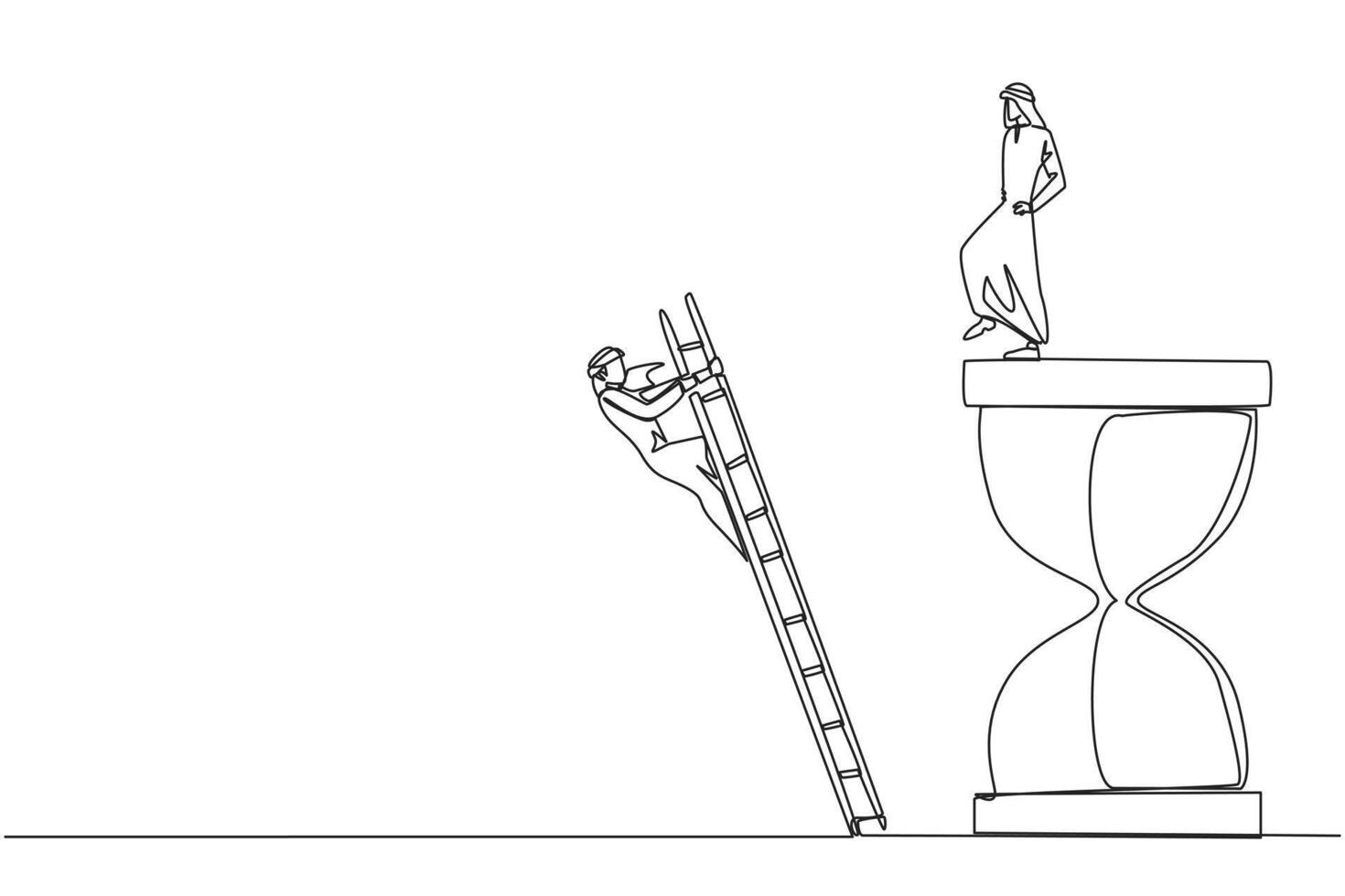 Single one line drawing Arab businessman kicks opponent who climbs the hourglass with a ladder. Not able to complete deadlines well. Dropped roughly. Rival. Continuous line design graphic illustration vector