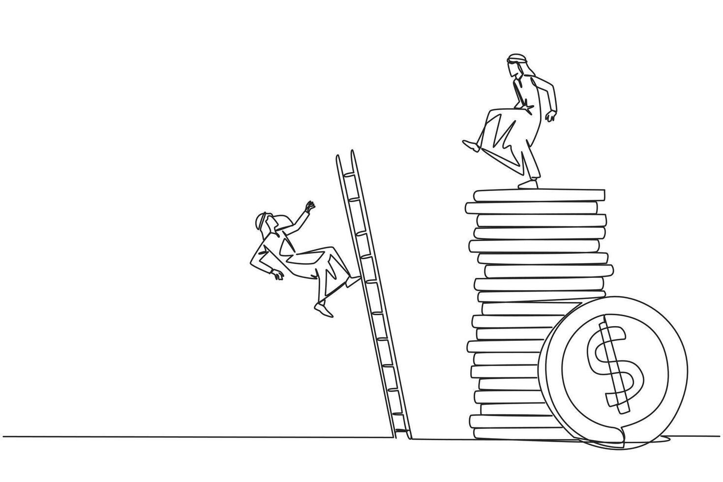 Single continuous line drawing Arab businessman kicks opponent who climbs a pile of coins with a ladder. Greed for wealth. Forgetting comrades in arms. The traitor. One line design illustration vector