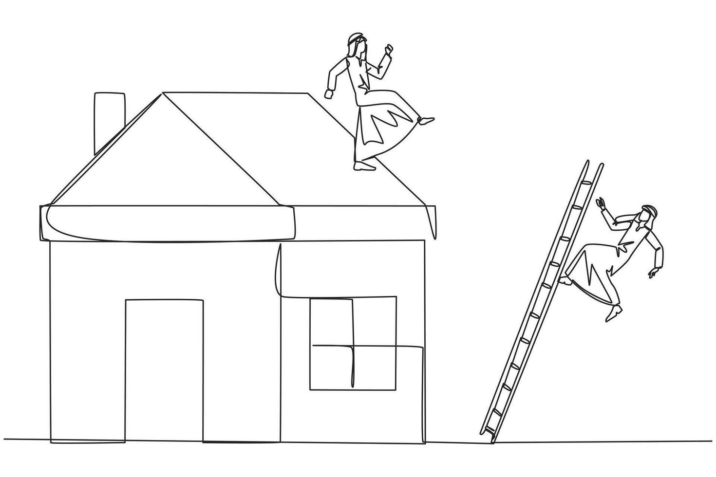 Single one line drawing Arab businessman kicks rival who climbs miniature house with stairs. Metaphor of fraud committed by house developers. Bad business. Continuous line design graphic illustration vector
