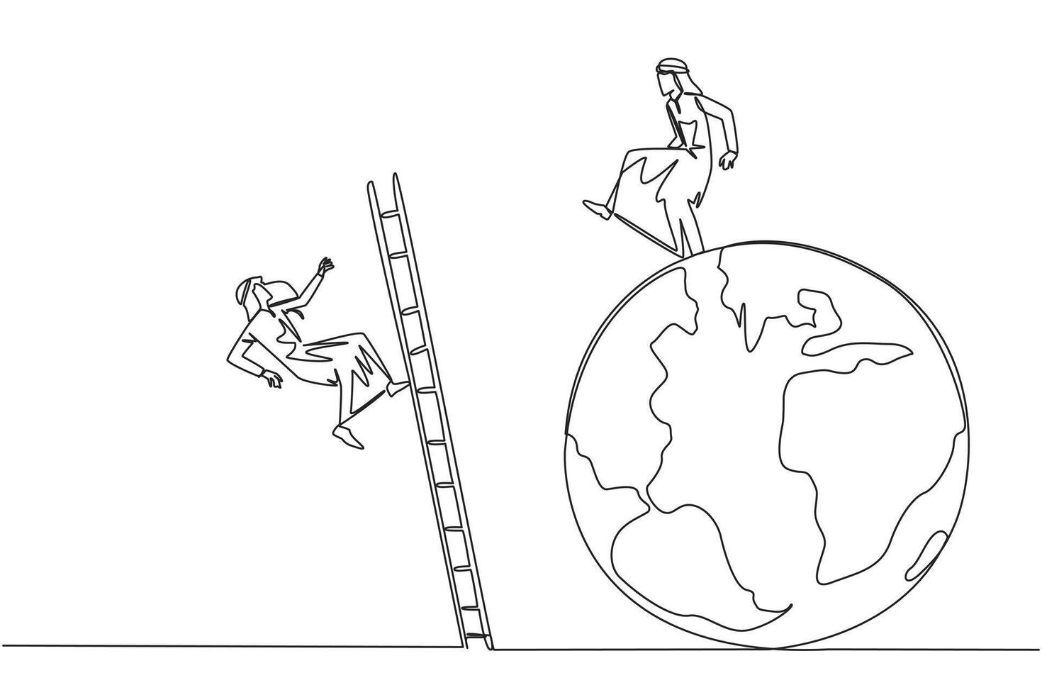 Single continuous line drawing Arab businessman kicks opponent who climbing the globe with a ladder. Failed to be on top of the world. Dropped by business friend. One line design illustration vector