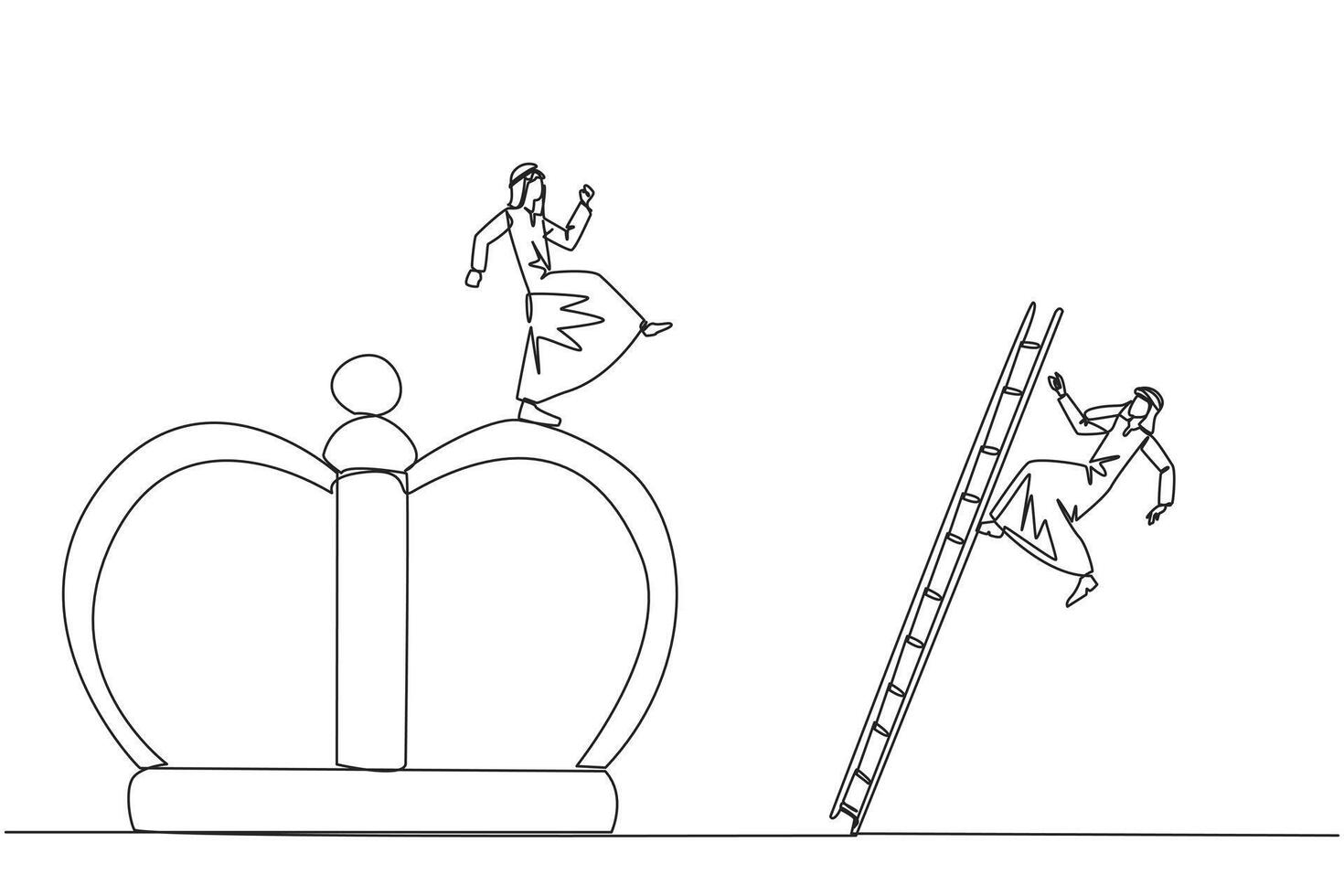 Continuous one line drawing Arab businessman kicks opponent who climbs the crown with ladder. Making rivals fall from business glory. Unhealthy competition. Single line draw design illustration vector