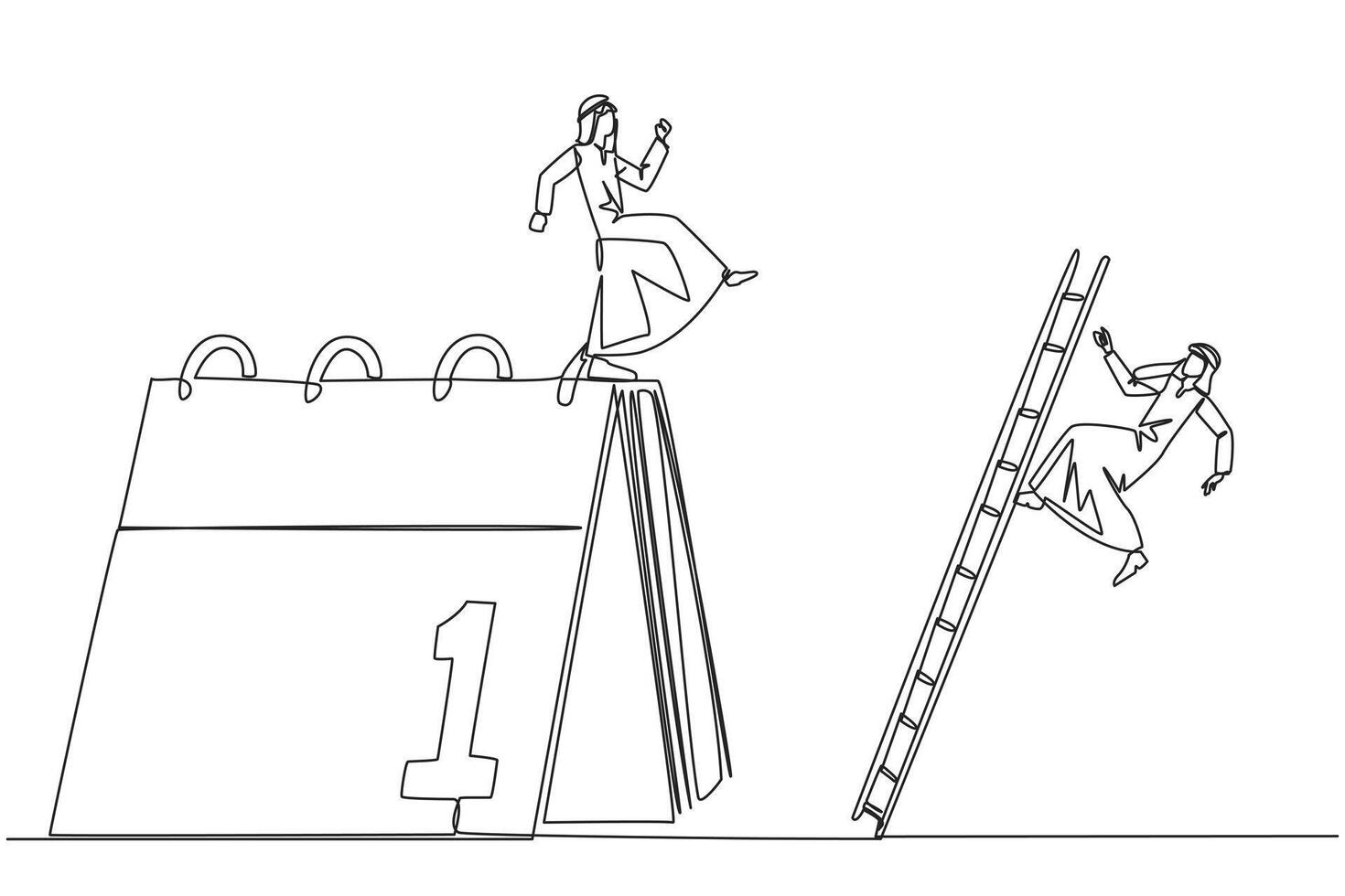 Continuous one line drawing Arab businessman kicks opponent who is climbing a desk calendar with a ladder. Vacations will be canceled due to many deadlines. Single line draw design illustration vector
