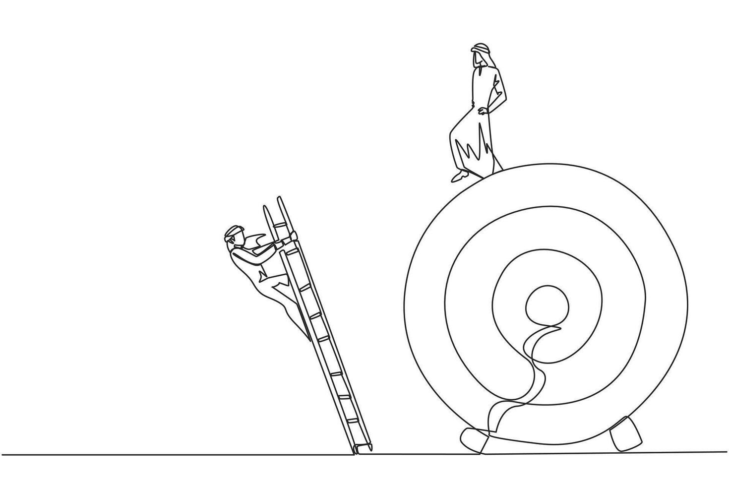 Single continuous line drawing Arab businessman kicks colleague who climbs the target arrow board with a ladder. The metaphor of getting rid of business destroyers. One line design illustration vector