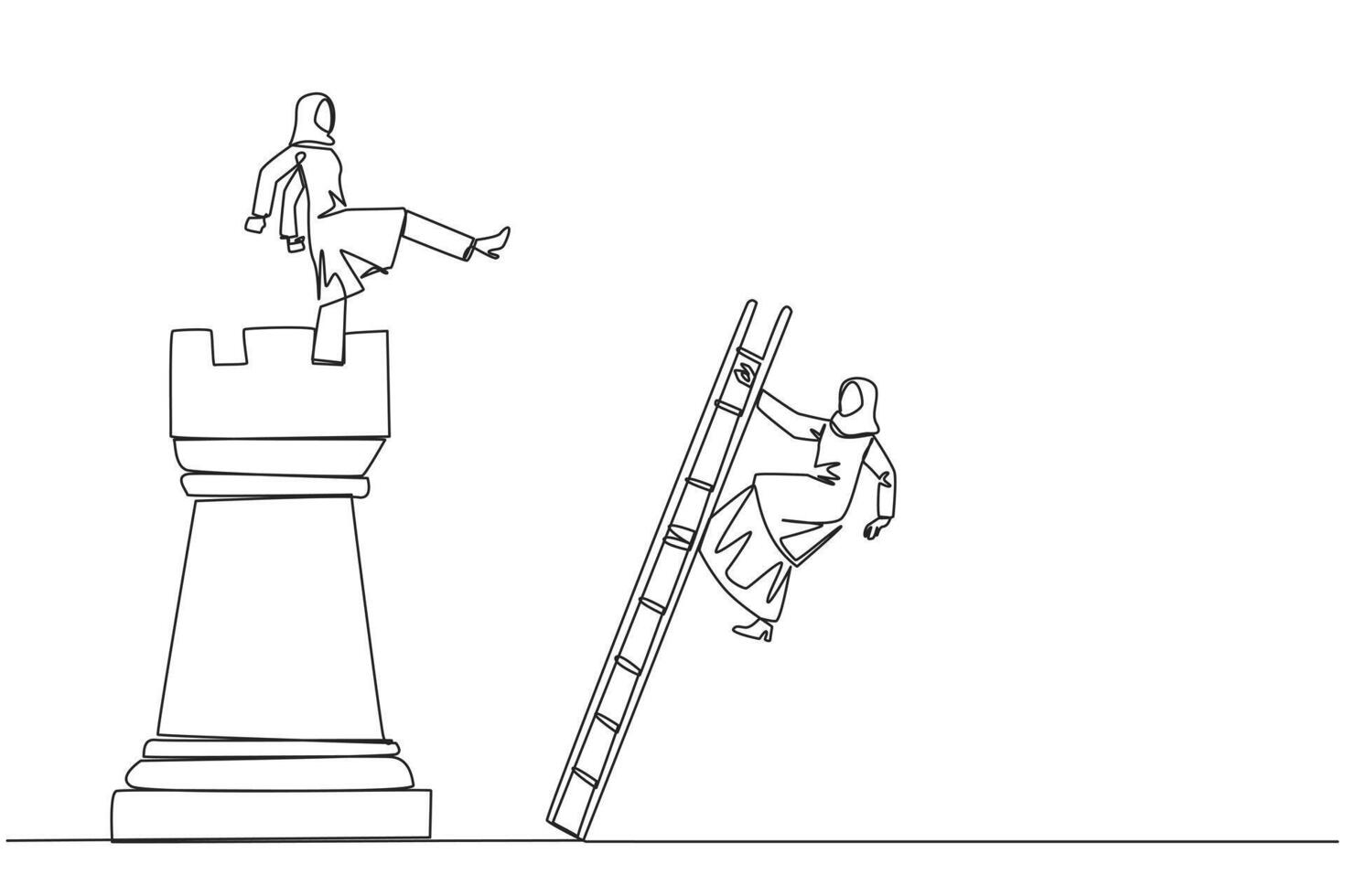 Continuous one line drawing Arab businesswoman kicks rival who climbs chess rook with ladder. Wrong move. Wrong strategy. Plan leaked by colleague. Traitor. Single line draw design illustration vector