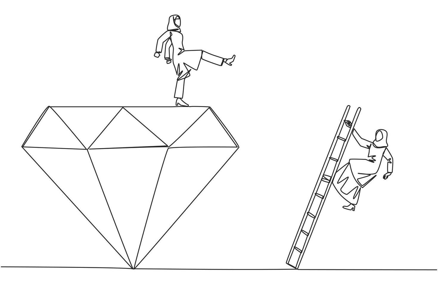 Single continuous line drawing Arab businesswoman kicks rival who climbs the diamond with a ladder. Knocking rival down from achieving a glorious position together. One line design illustration vector