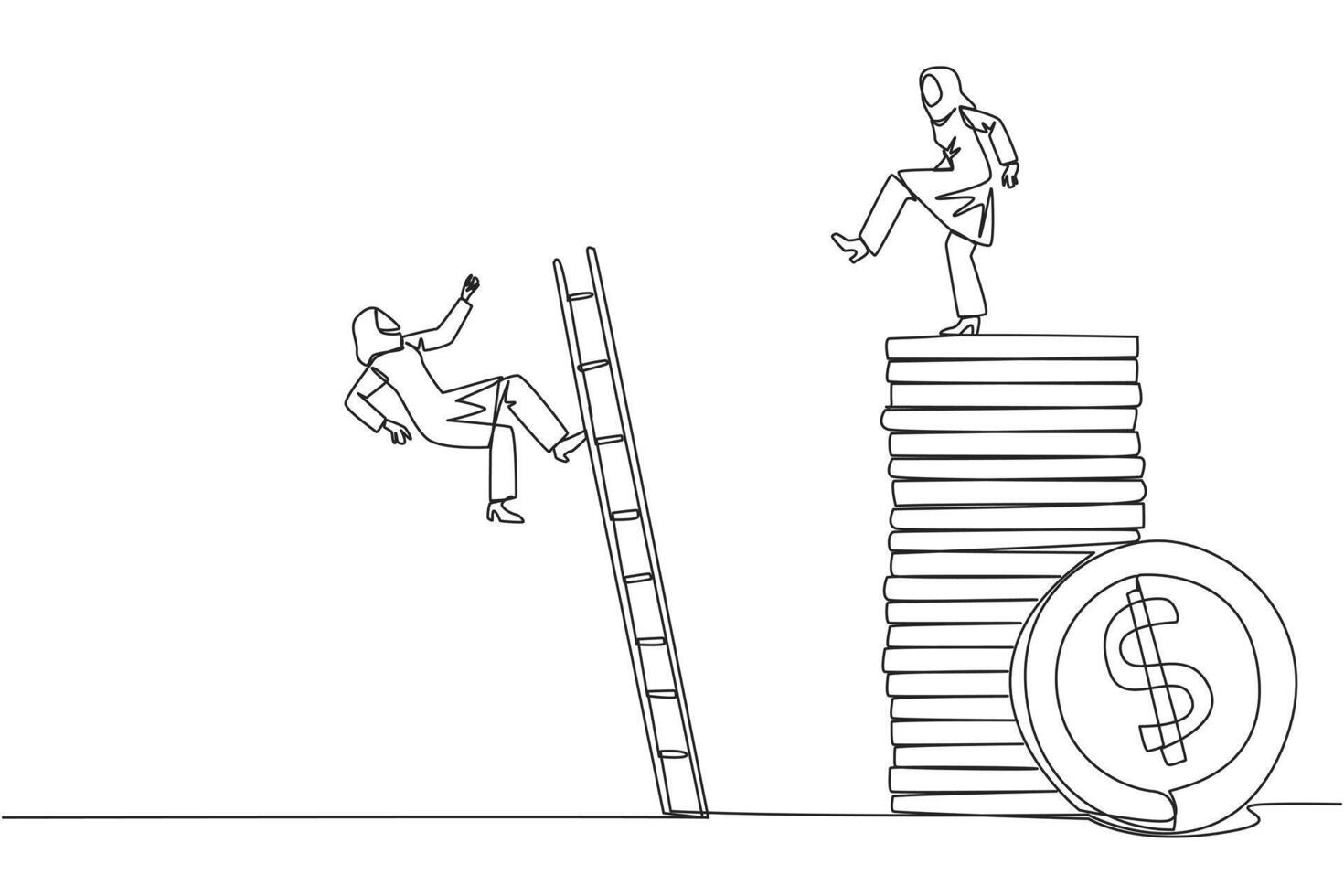 Single continuous line drawing Arab businesswoman kicks opponent who climbs a pile of coins with a ladder. Greed for wealth. Forgetting comrades in arms. Traitor. One line design illustration vector