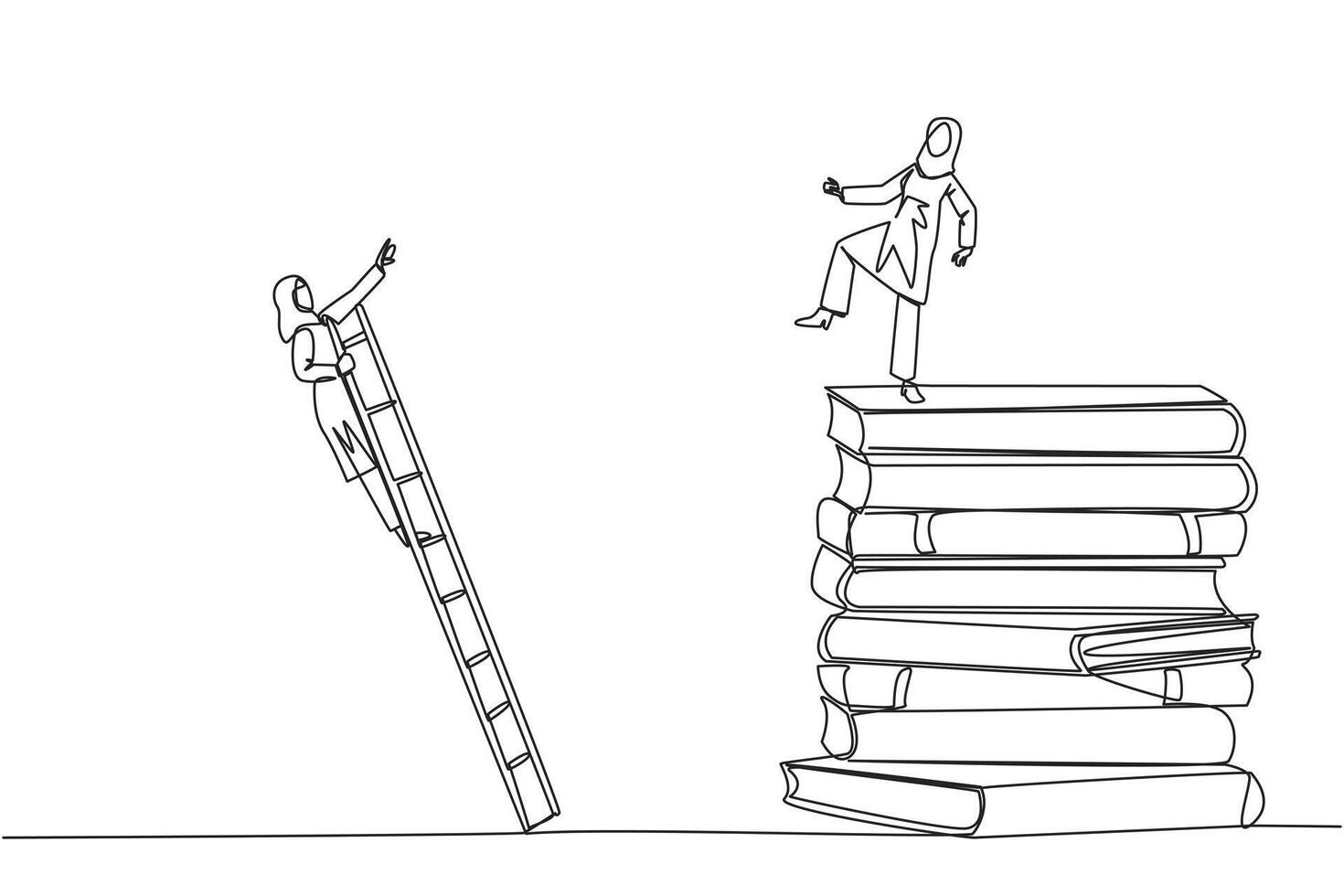 Continuous one line drawing Arab businesswoman kicks opponent who climbs pile of books with ladder. Failed to gain access to profitable business principles. Single line draw design illustration vector
