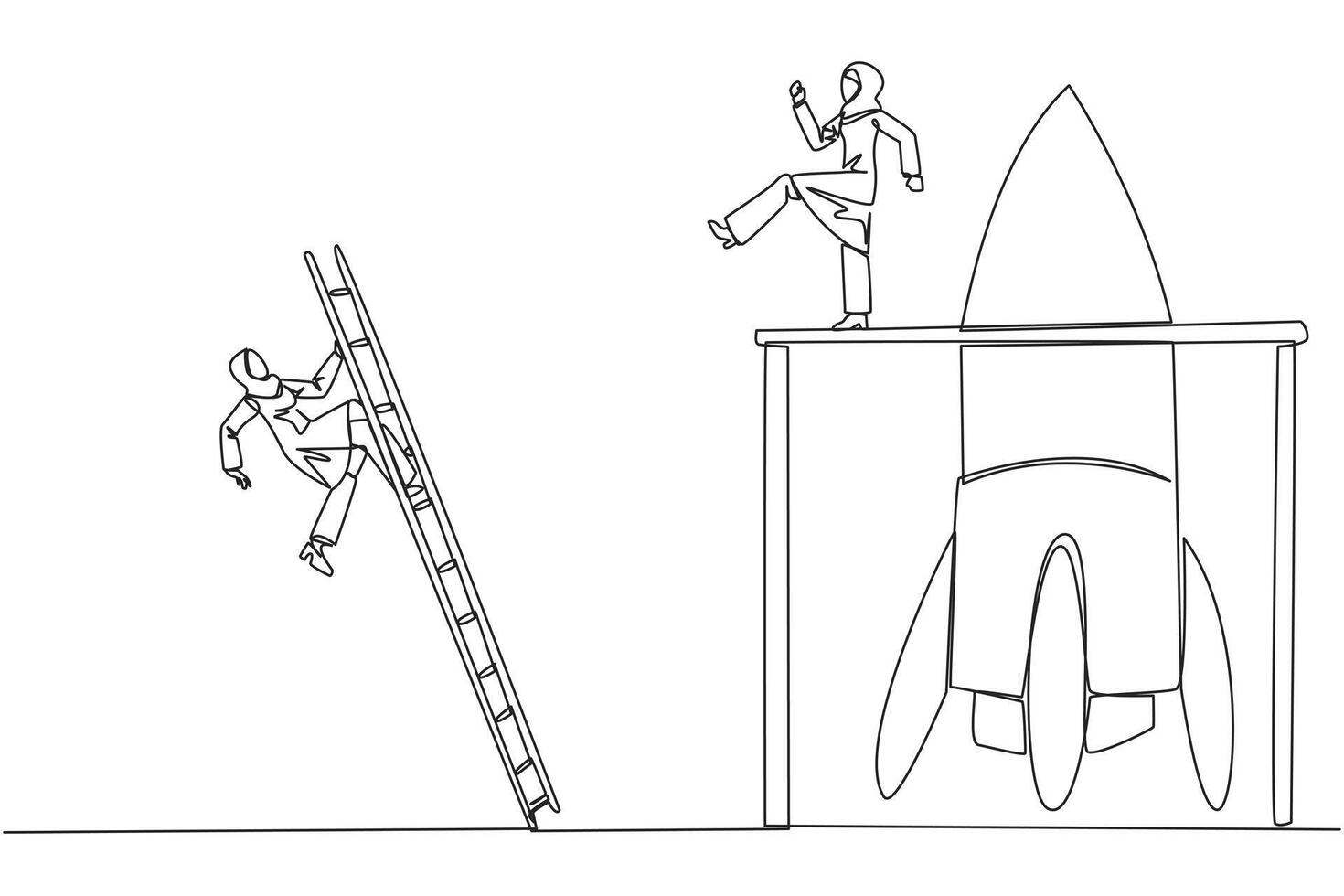 Continuous one line drawing Arab businesswoman kicks opponent who climbs rocket with ladder. Failure to open new business. Cheated by colleague. Traitor. Single line draw design illustration vector