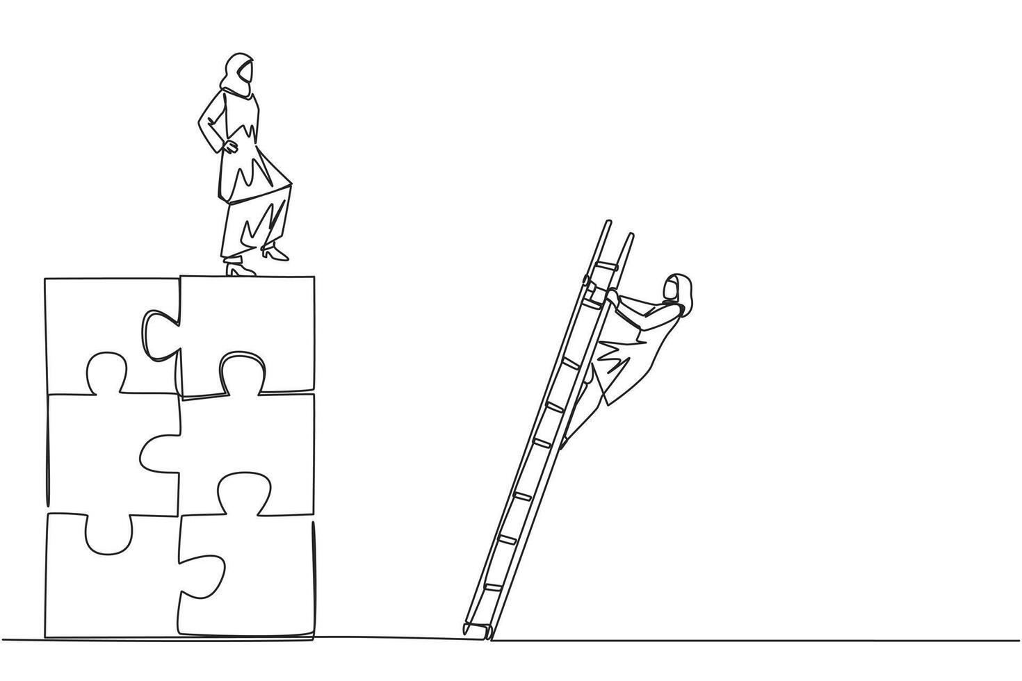 Single one line drawing Arab businesswoman kicks opponent who climbs the puzzle with stairs. Betrayed by colleague when successfully resolving a problem. Continuous line design graphic illustration vector