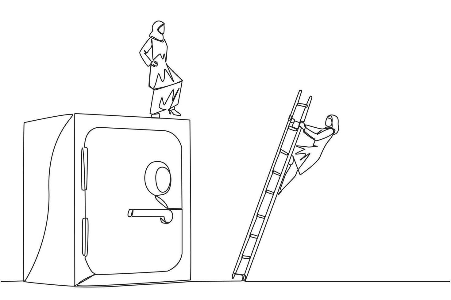 Single one line drawing Arab businesswoman kicks opponent who climbs safe deposit box with ladder. Dropped roughly. Unable to save important files. Rival. Continuous line design graphic illustration vector