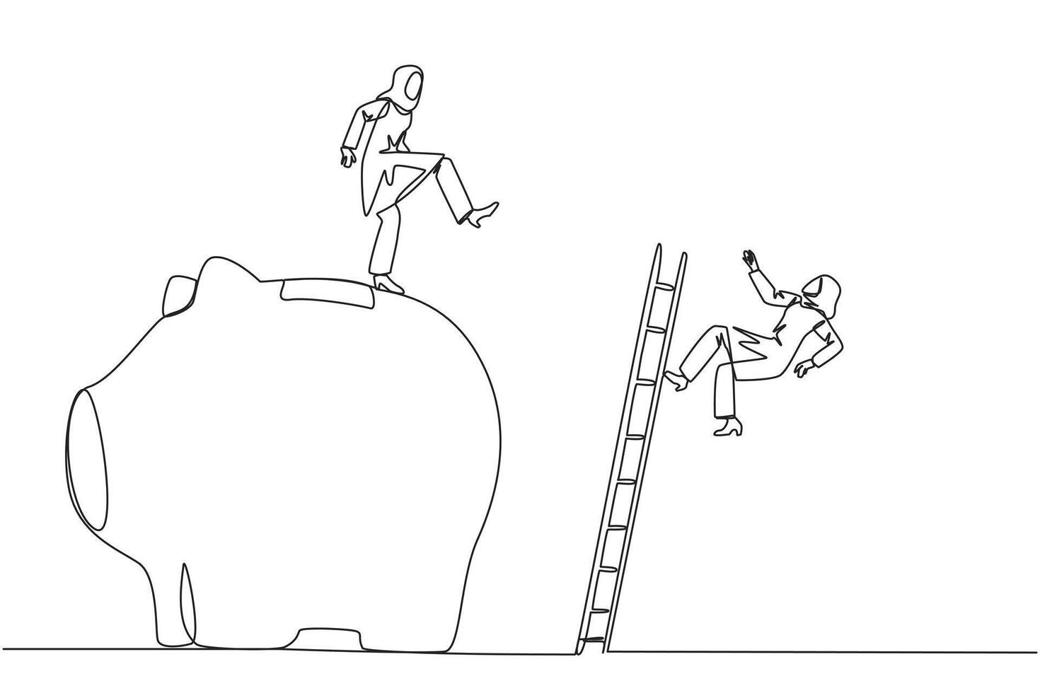 Single one line drawing Arabian businesswoman kicks rival who climbs piggy bank with stair. Bringing down opponents so don't have any investment in future. Continuous line design graphic illustration vector