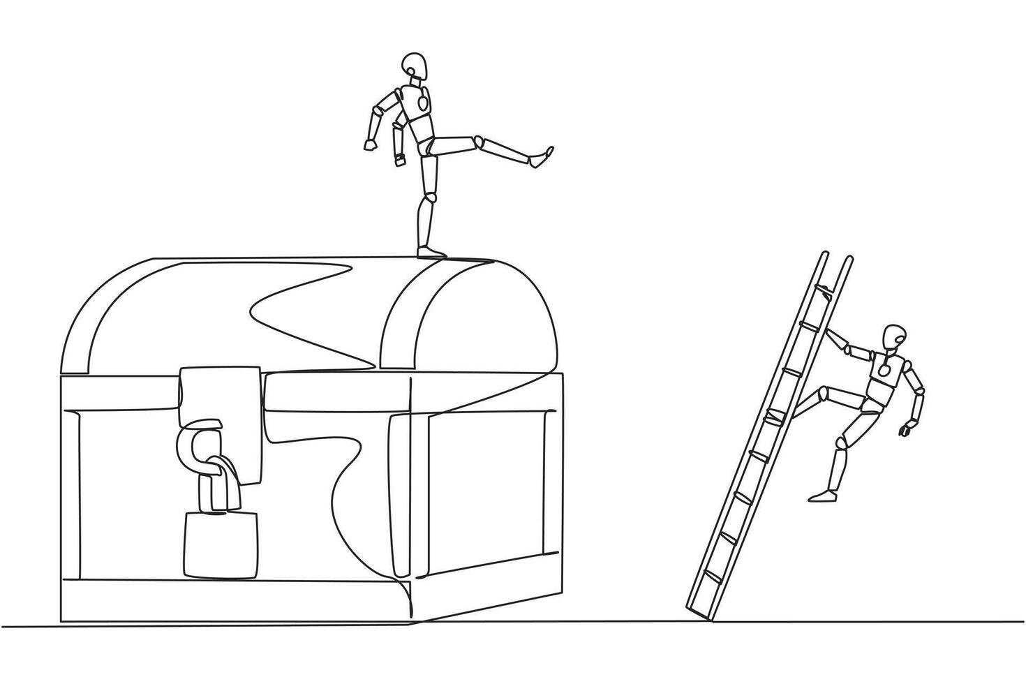 Single one line drawing the smart robot kicks opponent who climbs the treasure chest with ladder. Greed for wealth. Betrayal. Unfair business competition. Continuous line design graphic illustration vector