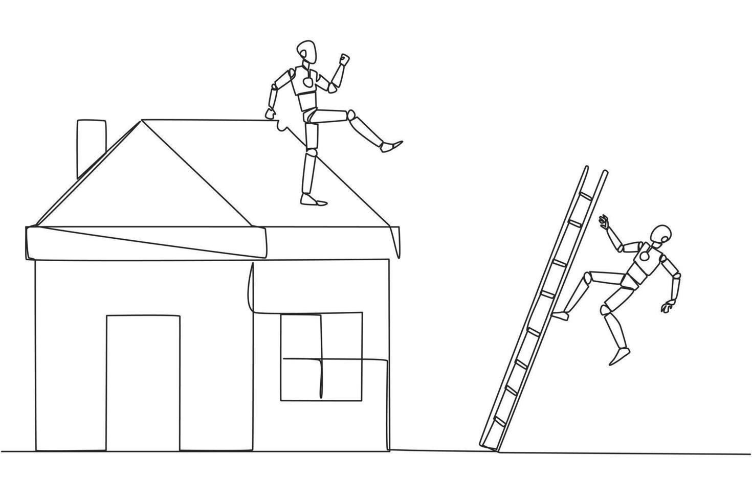 Single continuous line drawing smart robot kicks opponent who climbs a miniature house with stairs. Metaphor of fraud committed by house developers. Bad business. One line design illustration vector