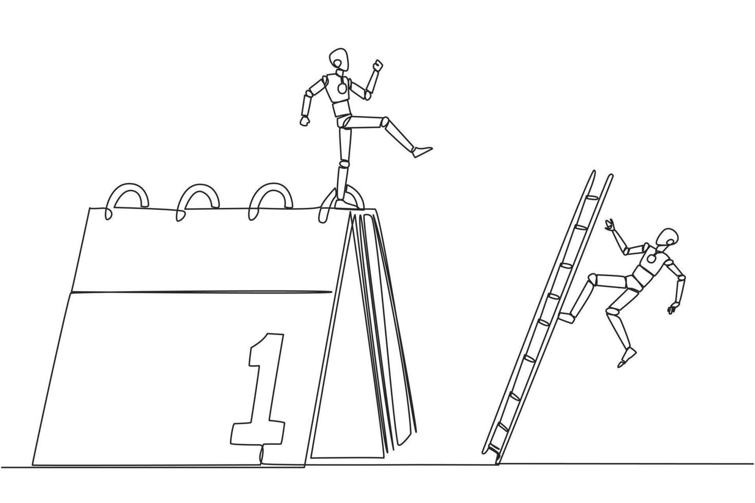 Continuous one line drawing smart robot kicks opponent who is climbing a desk calendar with a ladder. Vacations will be canceled due to many deadlines. Single line draw design illustration vector