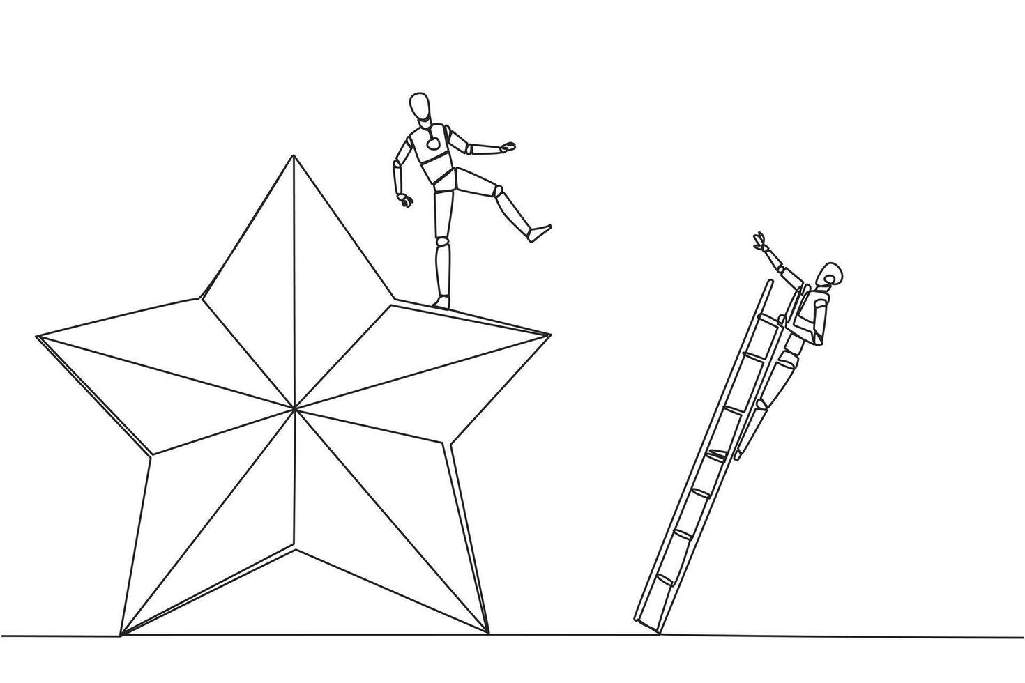 Continuous one line drawing smart robot kicks opponent who is climbing the star with the ladder. Dropping opponents from achieving the same dream. Rival. Single line draw design illustration vector