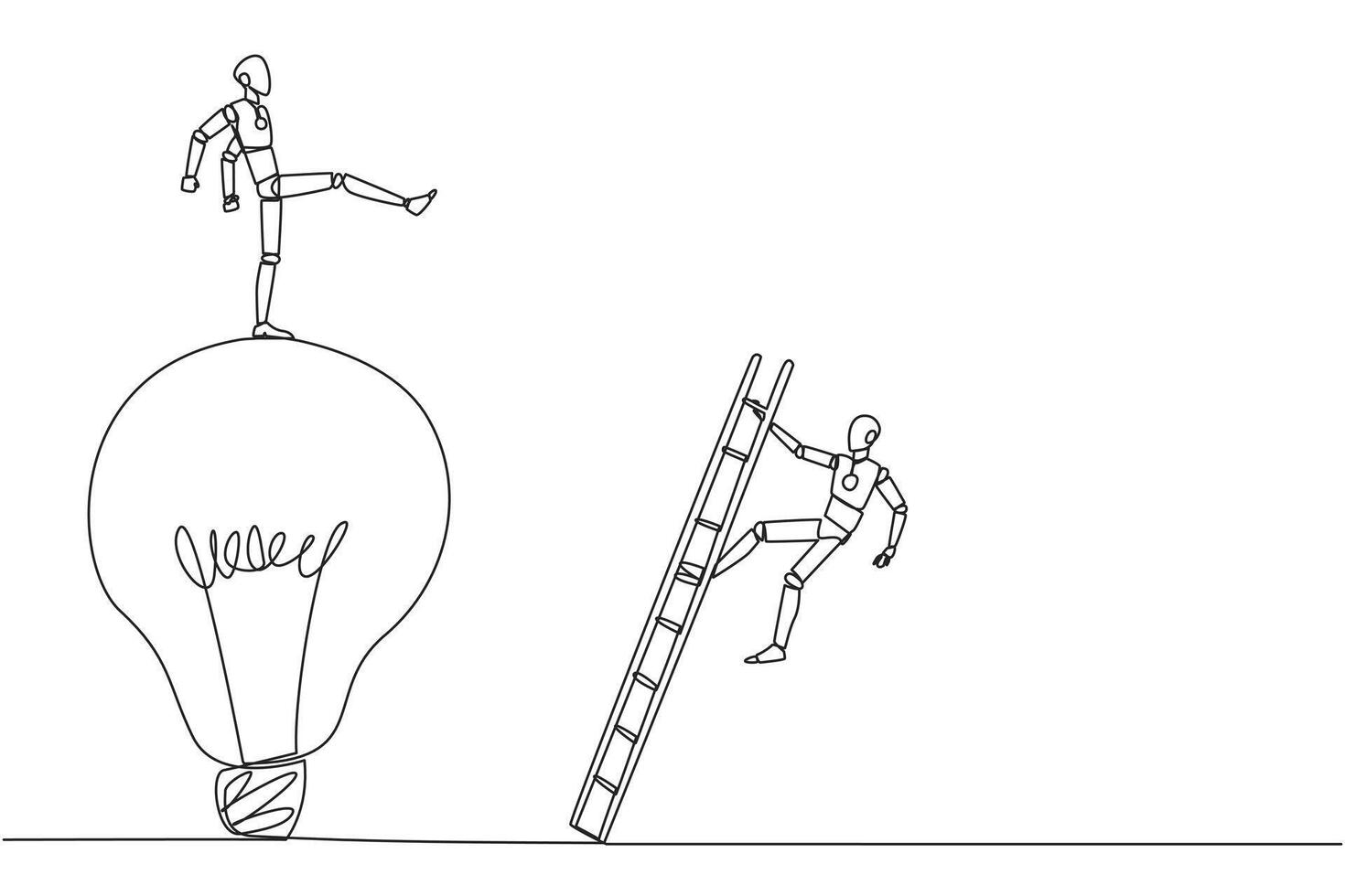 Single one line drawing smart robot kicks opponent who climbing the lightbulb with a ladder. Dropping colleague because don't have bright ideas. Traitor. Continuous line design graphic illustration vector