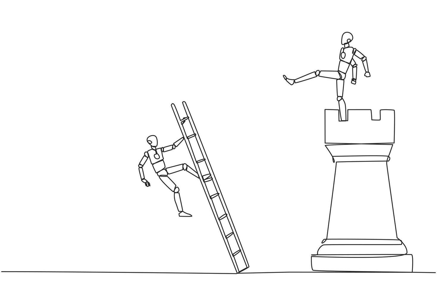 Single one line drawing smart robot kicks opponent who climbing the chess rook with ladder. Wrong move. Wrong strategy. Plan leaked by colleague. Traitor. Continuous line design graphic illustration vector
