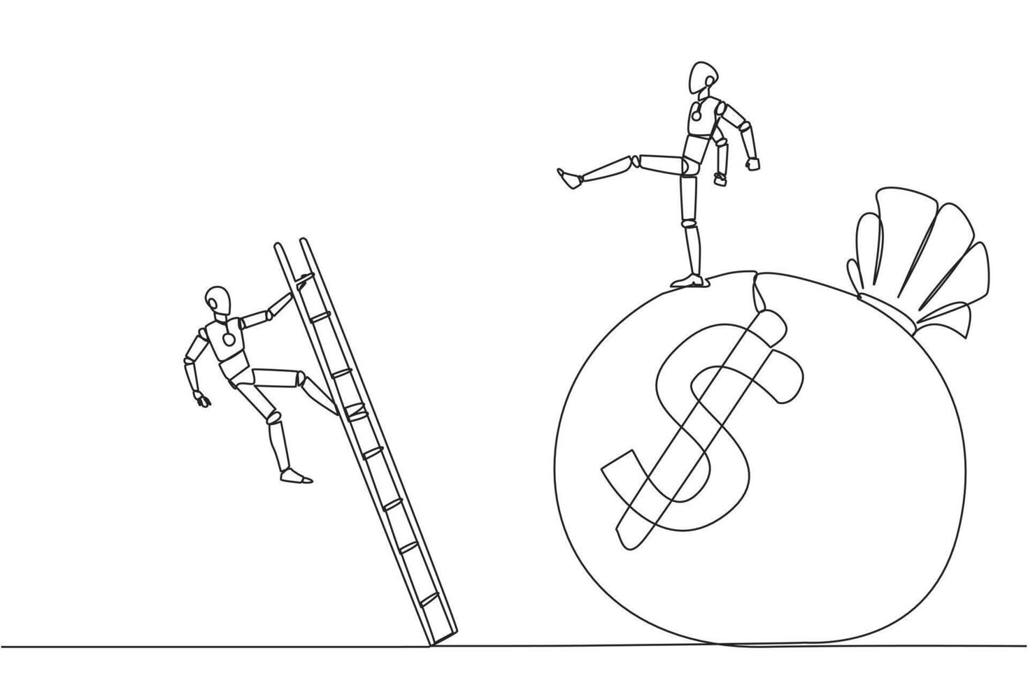 Single continuous line drawing smart robot kicks opponent who is climbing the money bag with a ladder. Cheated by a business partner. Unprofitable business. Rival. One line design illustration vector