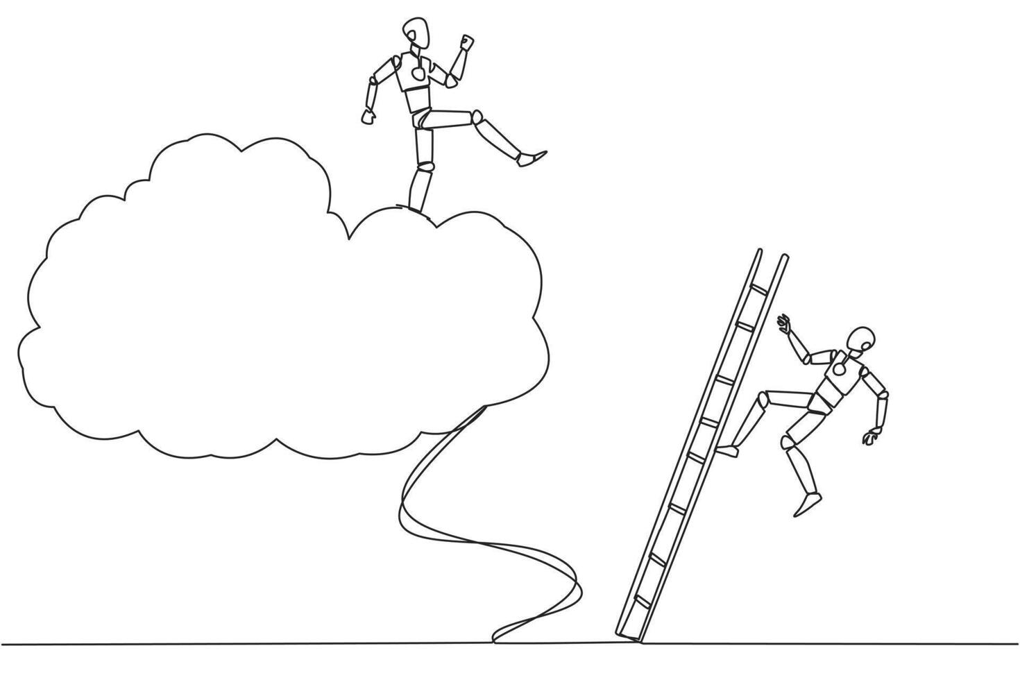 Single one line drawing smart robot kicks opponent who climbing the cloud with a ladder. Perfect achievement in business. Bring down competitors in any way. Continuous line design graphic illustration vector
