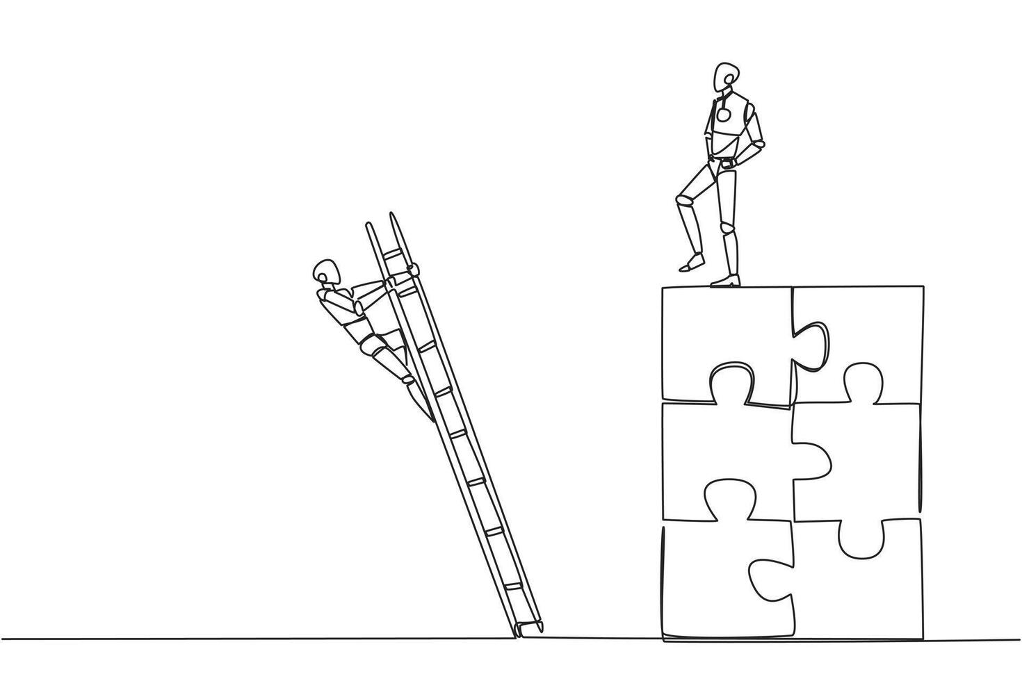 Single one line drawing smart robot kicks opponent who climbing the puzzle with the stairs. Betrayed by colleague when successfully resolving a problem. Continuous line design graphic illustration vector