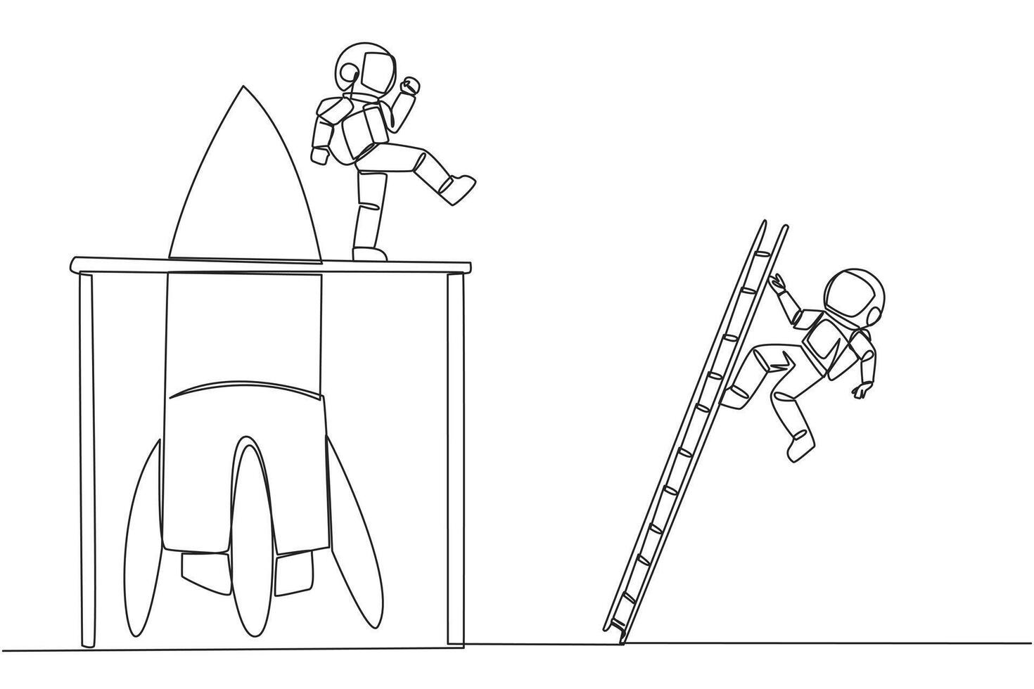 Single continuous line drawing astronaut kicks opponent who climbing the rocket with ladder. Failure to open new business. Cheated by business friend. The traitor. One line design illustration vector