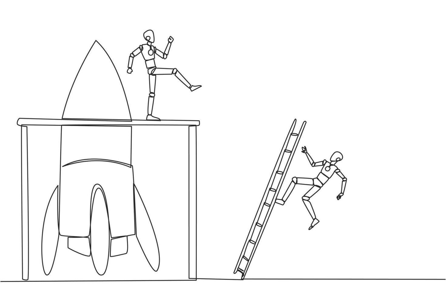 Continuous one line drawing the robot kicks opponent who climbing the rocket with ladder. Failure to open new business. Cheated by business friend. Traitor. Single line draw design illustration vector