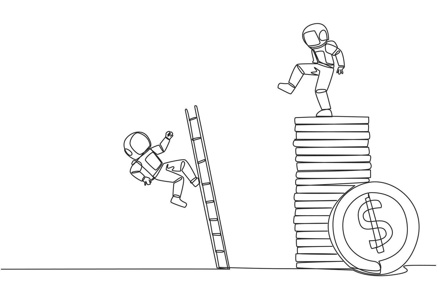 Continuous one line drawing astronaut kicks opponent who climbing a pile of coins with a ladder. Greed for wealth. Forgetting comrades in arms. The traitor. Single line draw design illustration vector