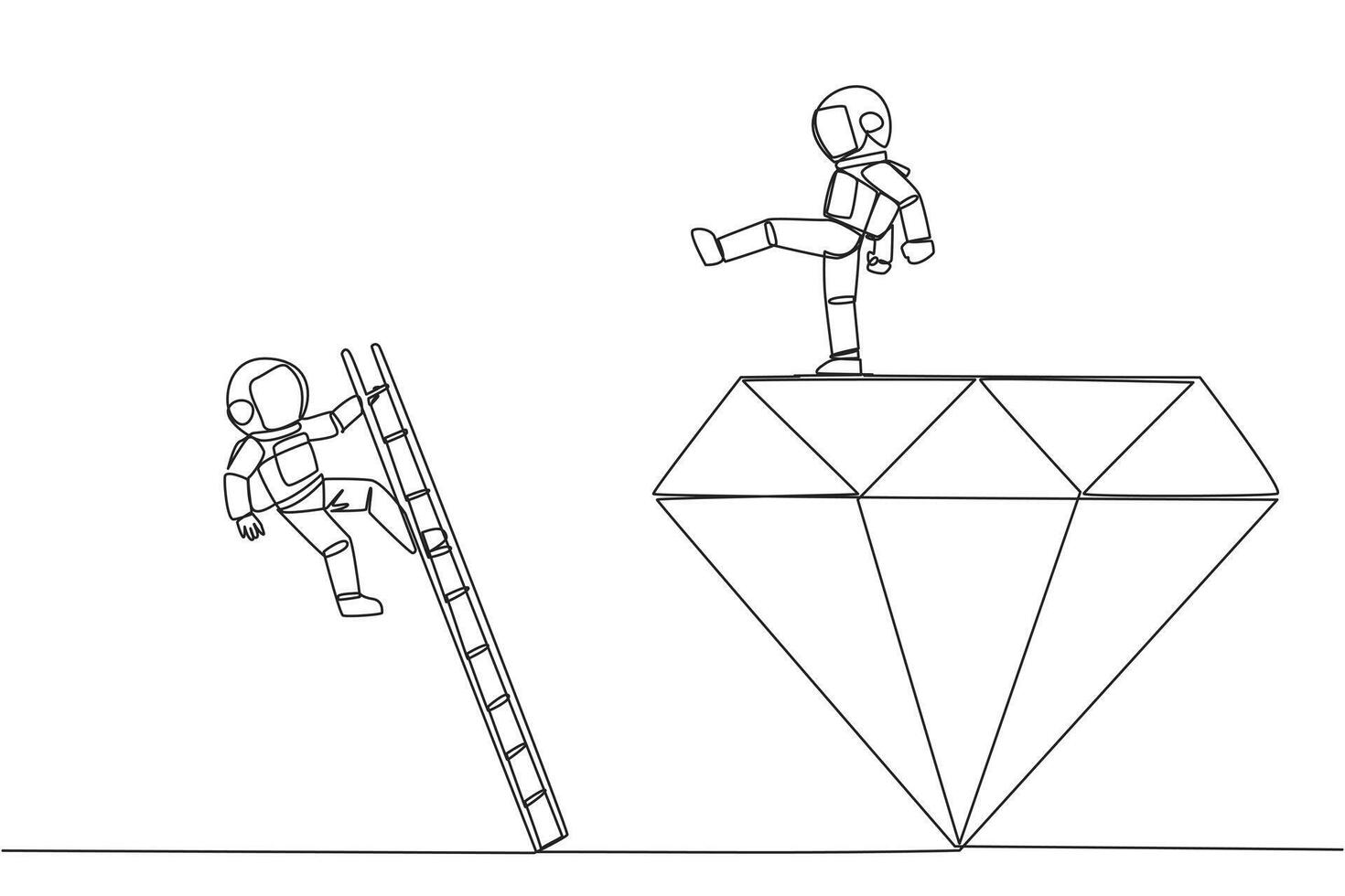 Single one line drawing astronaut kicks rival who is climbing the diamond with a ladder. Knocking rival down from achieving a glorious position together. Continuous line design graphic illustration vector