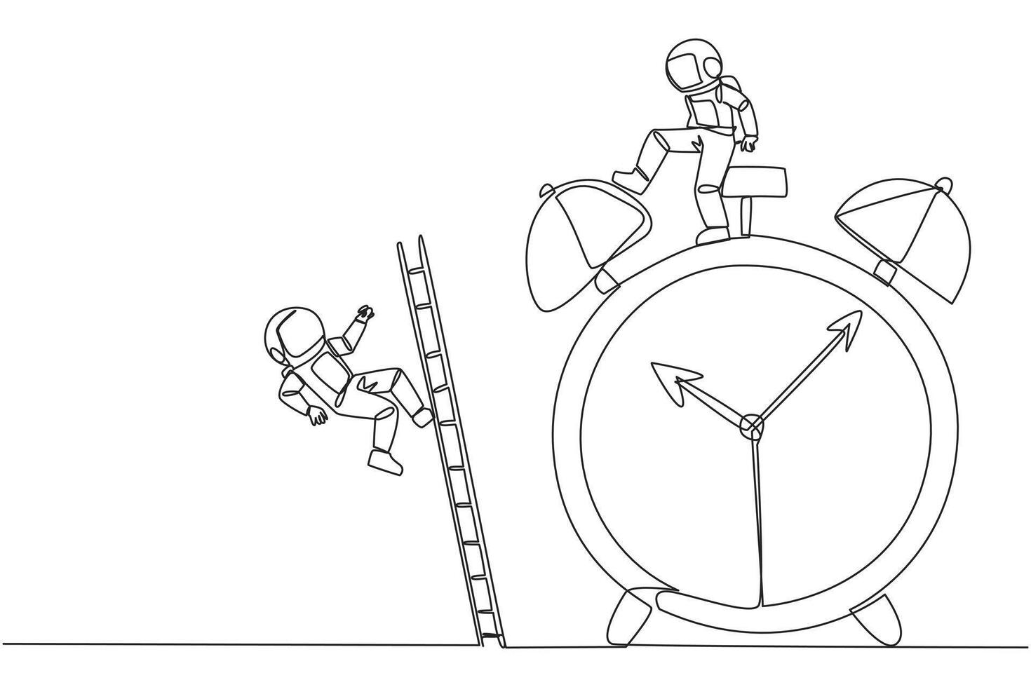 Single one line drawing astronaut kicks opponent who climbs the alarm clock with ladder. Arrogance. No need for colleagues to complete many deadlines. Continuous line design graphic illustration vector