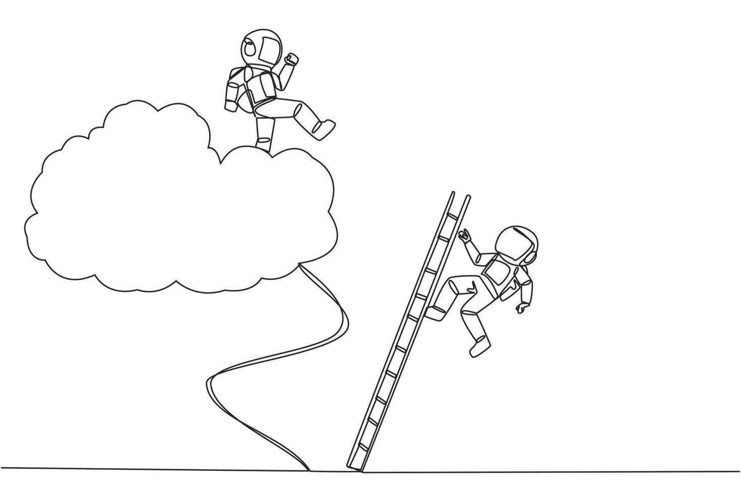 Single continuous line drawing astronaut kicks opponent who climbing the cloud with a ladder. Perfect achievement in business. Bring down competitors in any way. One line design illustration vector