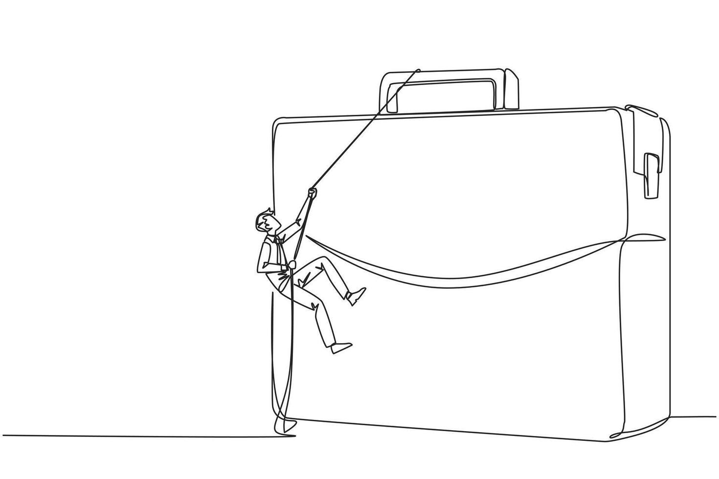Single one line drawing businessman climbs briefcase with rope. A metaphor for building a business from scratch. Growing and having many relationships. Continuous line design graphic illustration vector