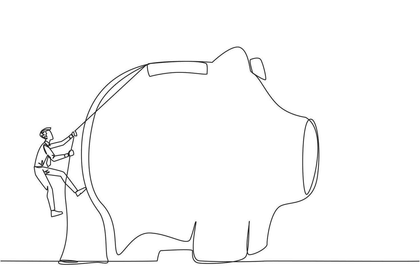Single one line drawing businessman climbing piggy bank with rope. Entrepreneur working hard to make investments preparing for retirement. Smart worker. Continuous line design graphic illustration vector