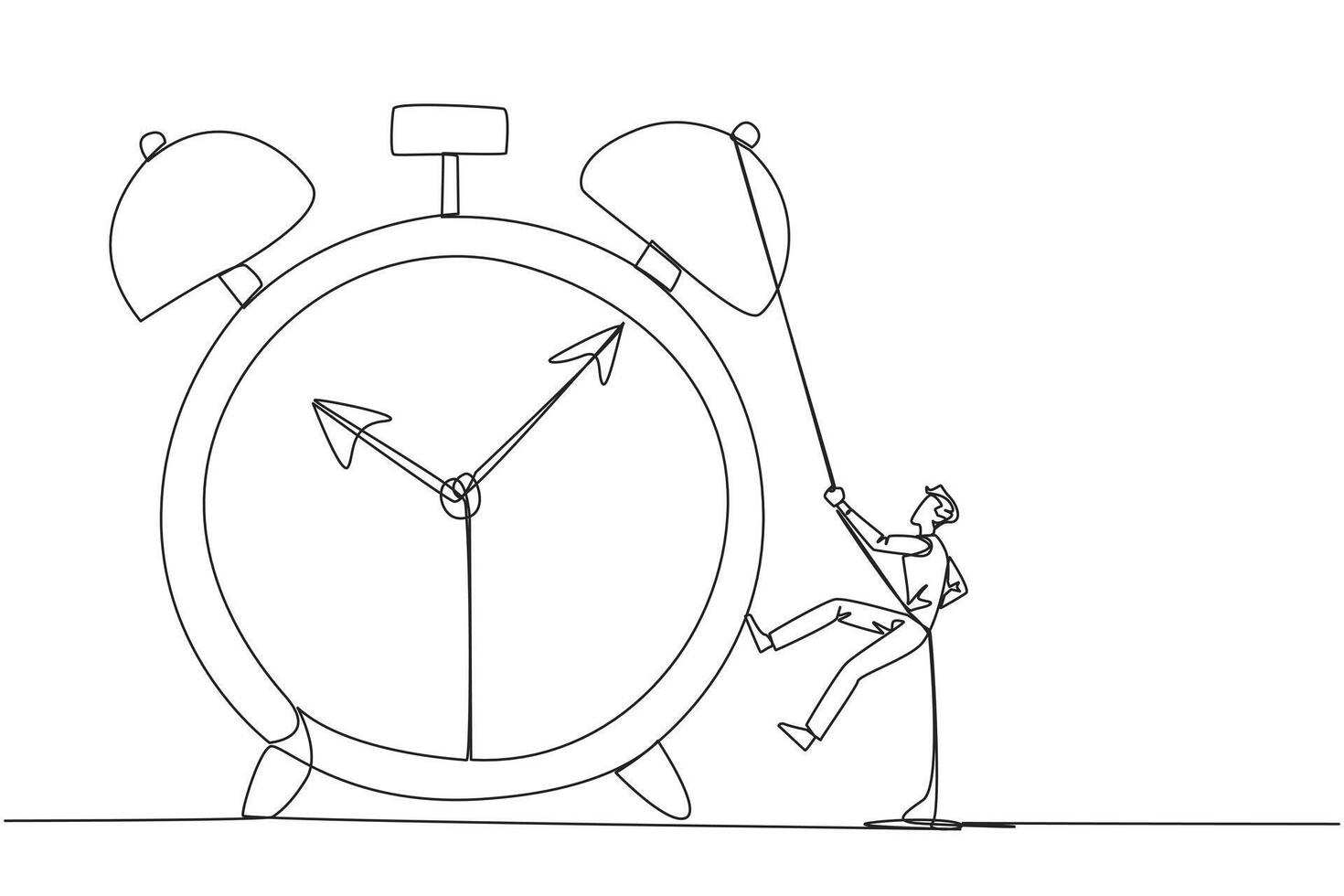 Single continuous line drawing businessman climbing alarm clock with rope. Work carefully to complete each task. Works perfectly. Without any errors. Deadline. One line design illustration vector