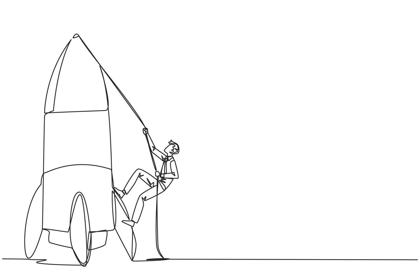 Single one line drawing businessman climbs rocket with rope. Set the intention to open a new branch. Work hard to expand the business. Smart hard work. Continuous line design graphic illustration vector
