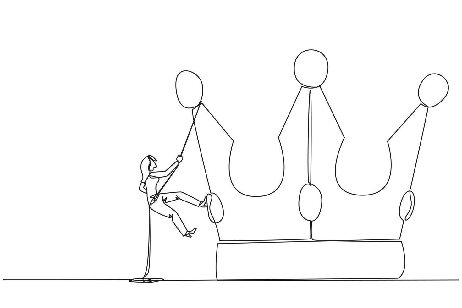 Single continuous line drawing businesswoman climbing crown with rope. Prepare for a better life by working hard to achieve the highest position. The hard worker. One line design illustration vector