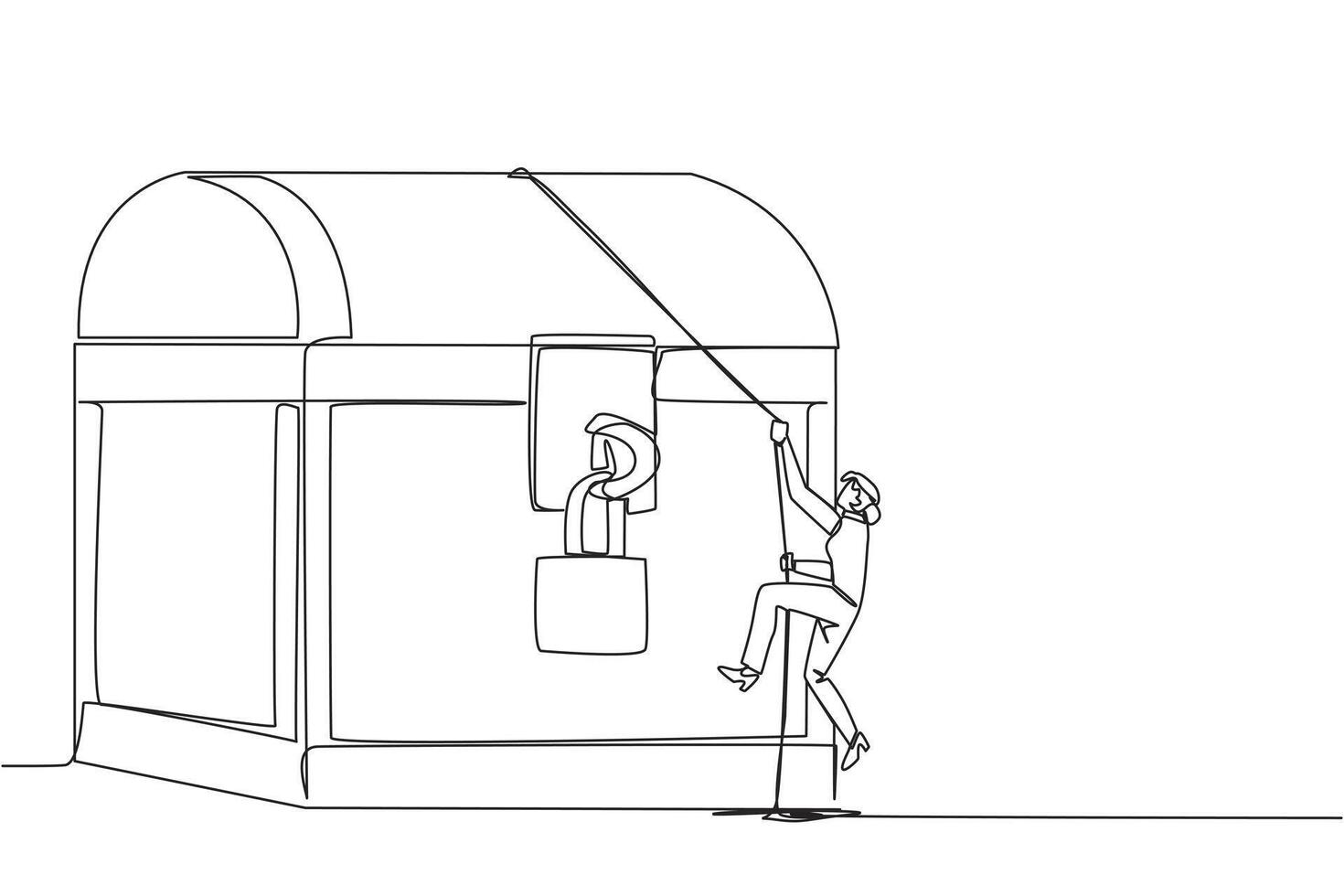 Single one line drawing businesswoman climbs treasure chest with rope. Do the best business to achieve lots of rewards. The result of hard work. Satisfied. Continuous line design graphic illustration vector