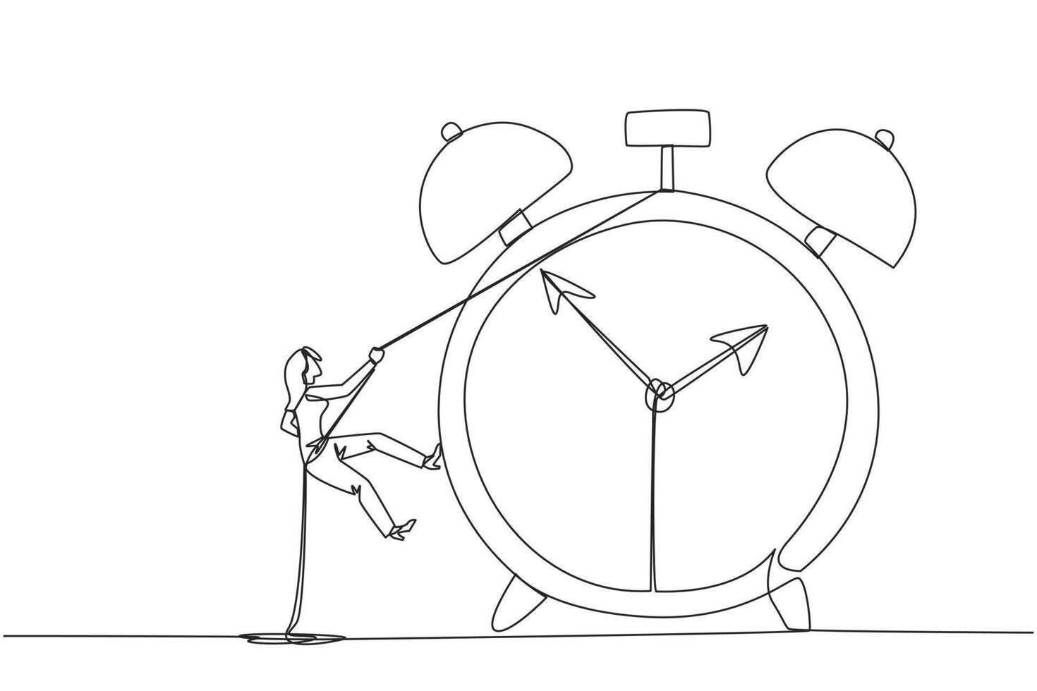 Single continuous line drawing businesswoman climbing alarm clock with rope. Work carefully to complete each task. Works perfectly. Without any errors. Deadline. One line design illustration vector
