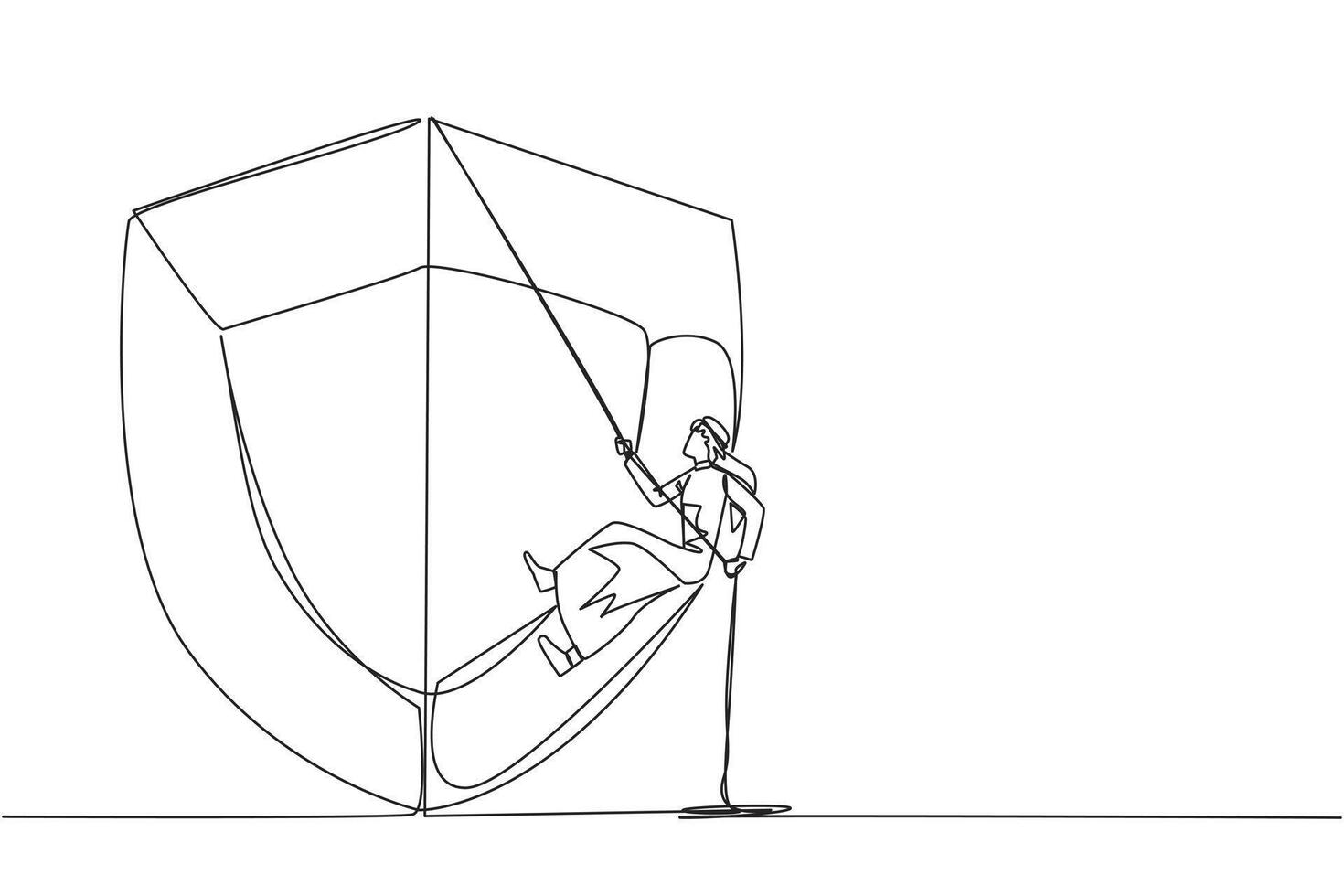 Continuous one line drawing Arab businessman climbs shield with rope. Works to help clients secure data from virus attacks. Check each layer. Entrepreneur. Single line draw design illustration vector
