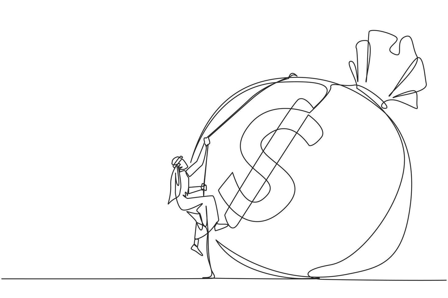 Single continuous line drawing Arabian businessman climbing money bag with rope. Work harder to get very large retirement fund. Bring out abilities to the maximum. One line design illustration vector