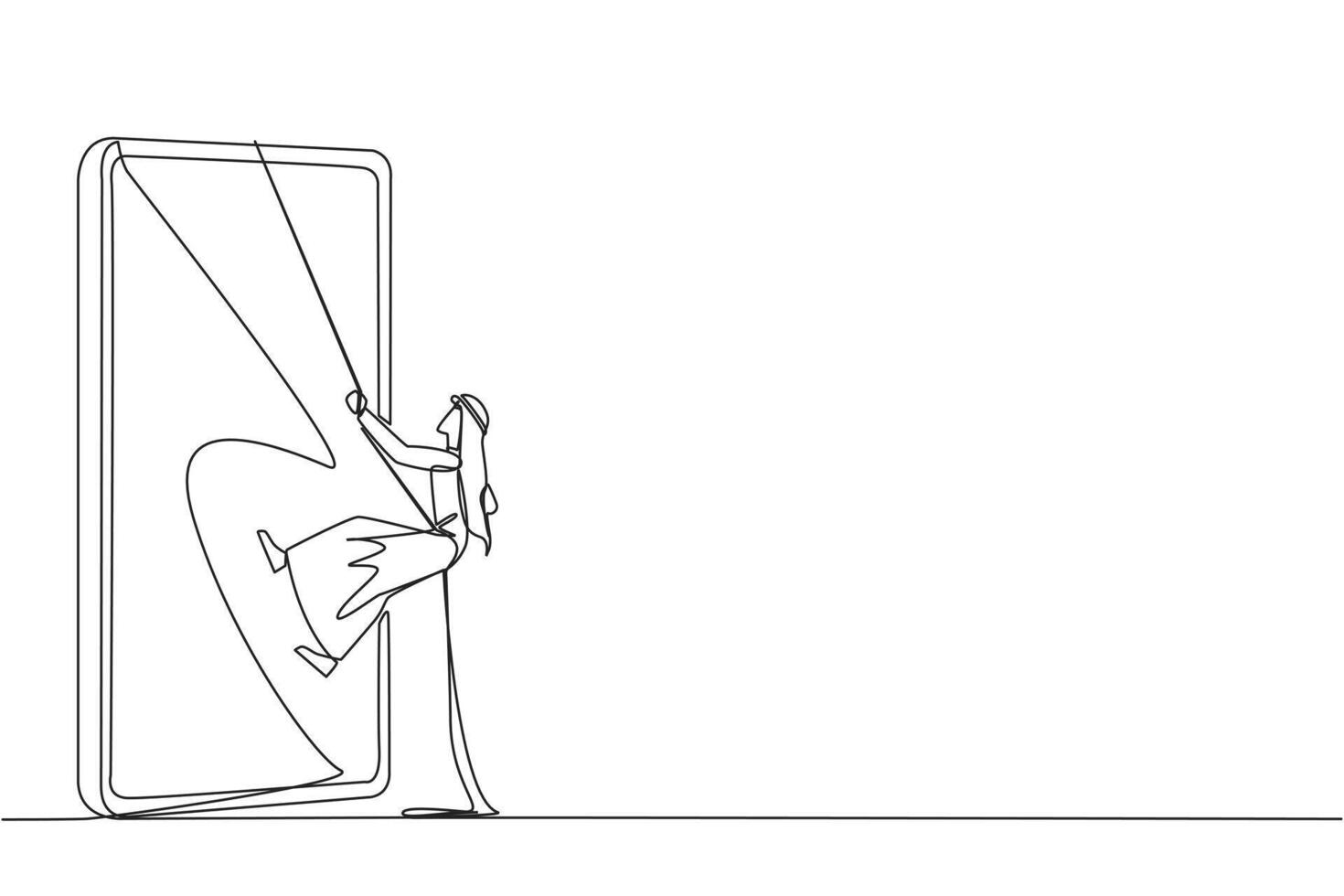 Single continuous line drawing Arab businessman climbs smartphone with rope. Improve business relationships. Massively contact old friends. Connected to each other. One line design illustration vector