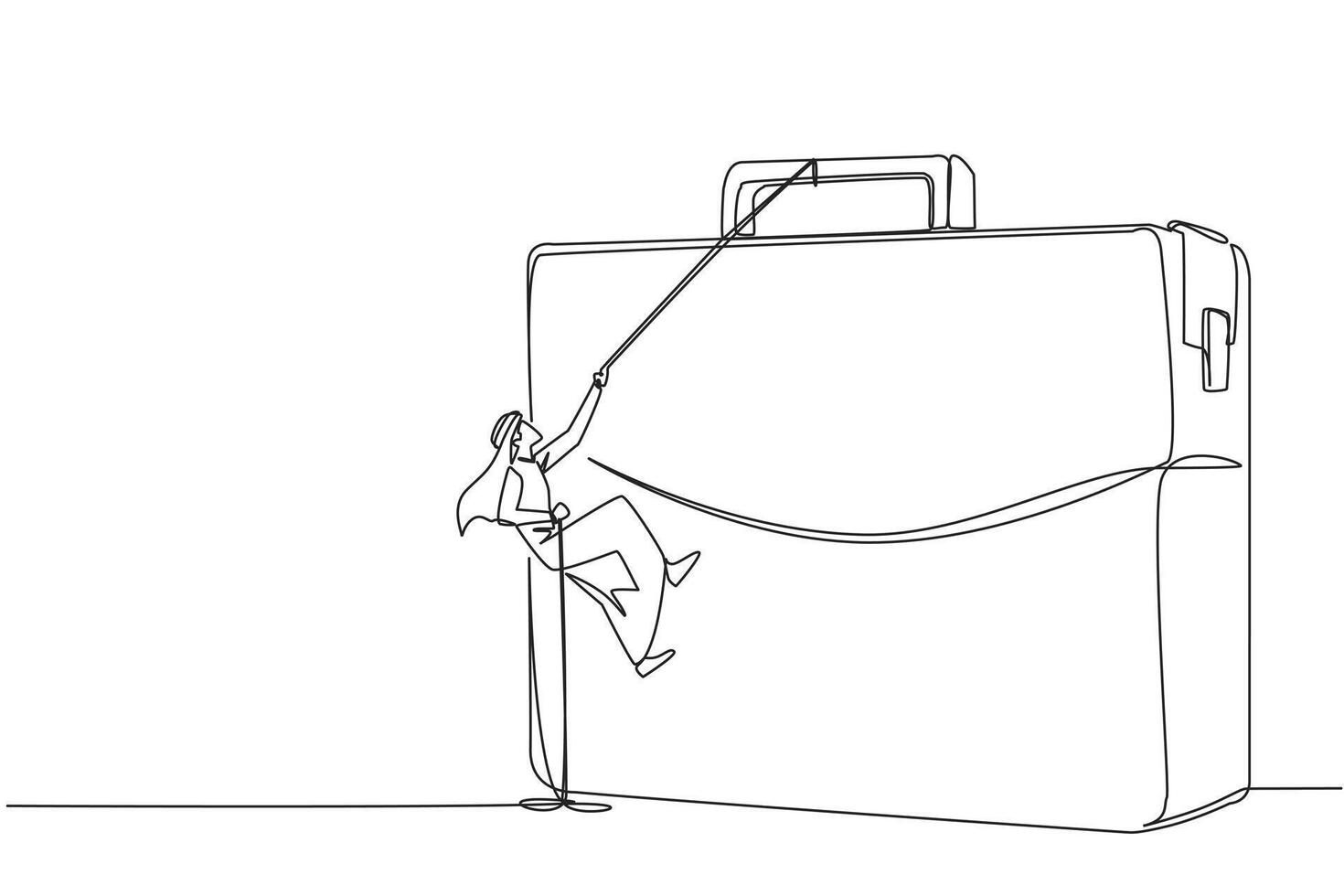 Continuous one line drawing Arab businessman climbs briefcase with rope. Metaphor for building business from scratch. Growing and having many relationships. Single line draw design illustration vector