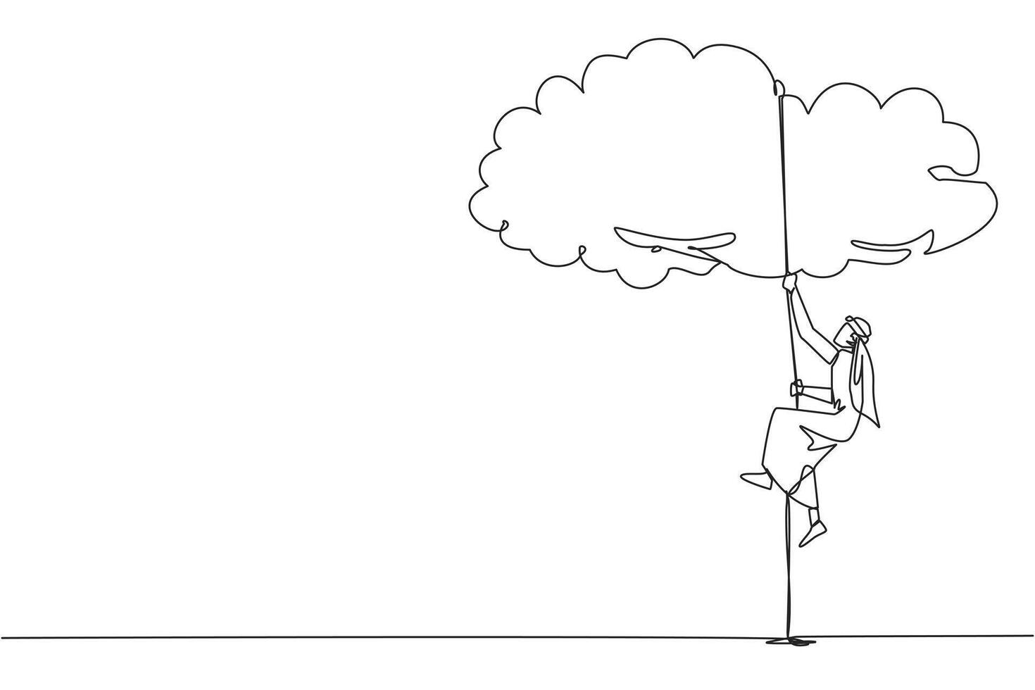 Continuous one line drawing Arab businessman climbing clouds with rope. A metaphor for hanging dreams sky high. Ultimate success. Hard worker. Work smarter. Single line draw design illustration vector