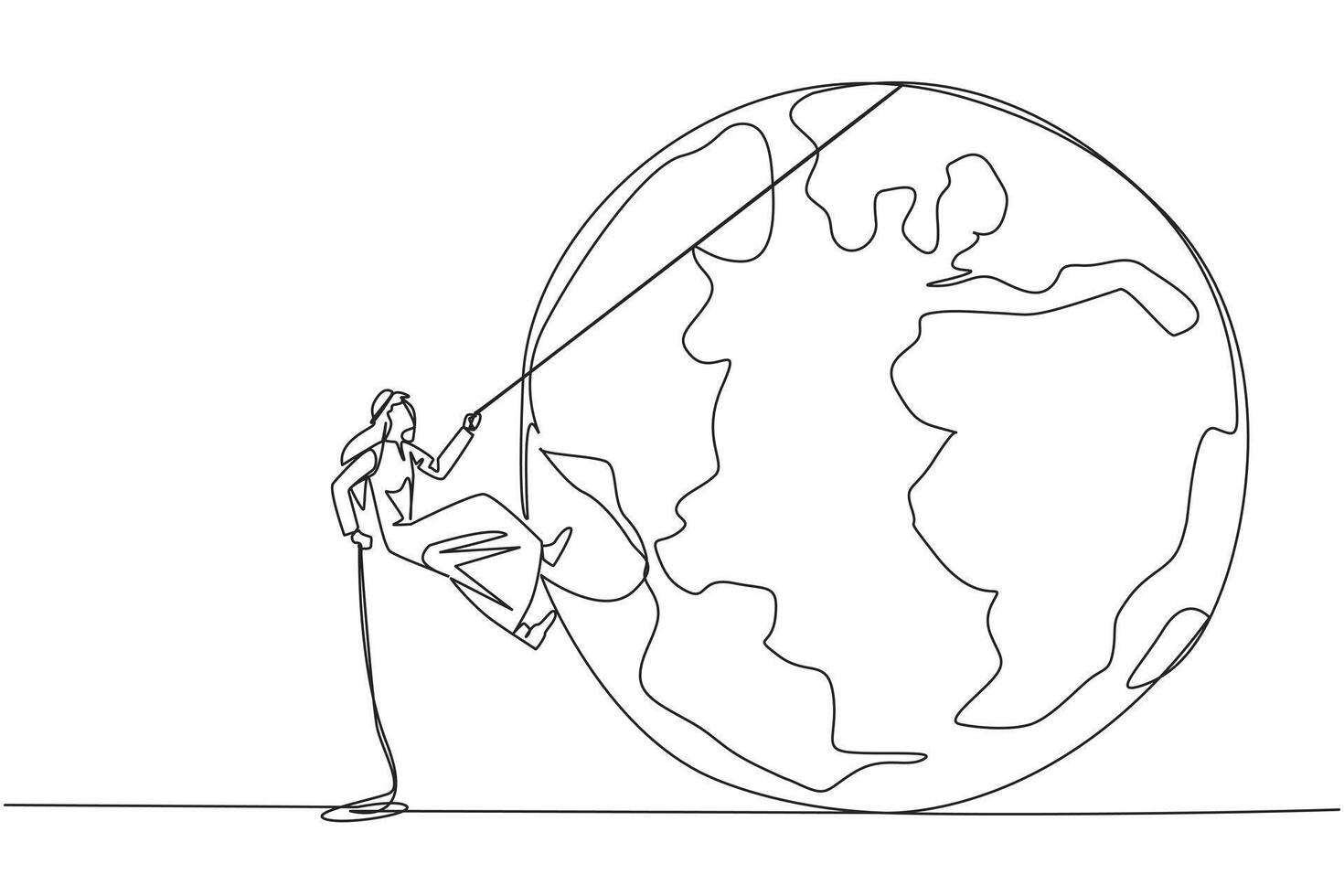 Continuous one line drawing Arab businessman climbs globe with rope. Trying dominate world with massive business expansion. Success reach top of the world. Single line draw design illustration vector